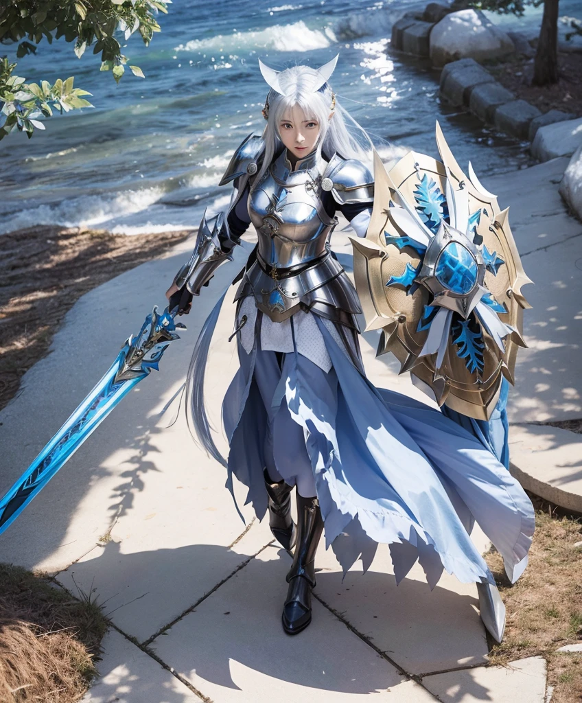 Anime character holding sword and armor and shield, , shadow poetry style, grand order of destiny, Artoria Pendragon, gorgeous female paladin, kushat krentz critical art women, , granblue fantasy, Mechanized Valkyrie, 