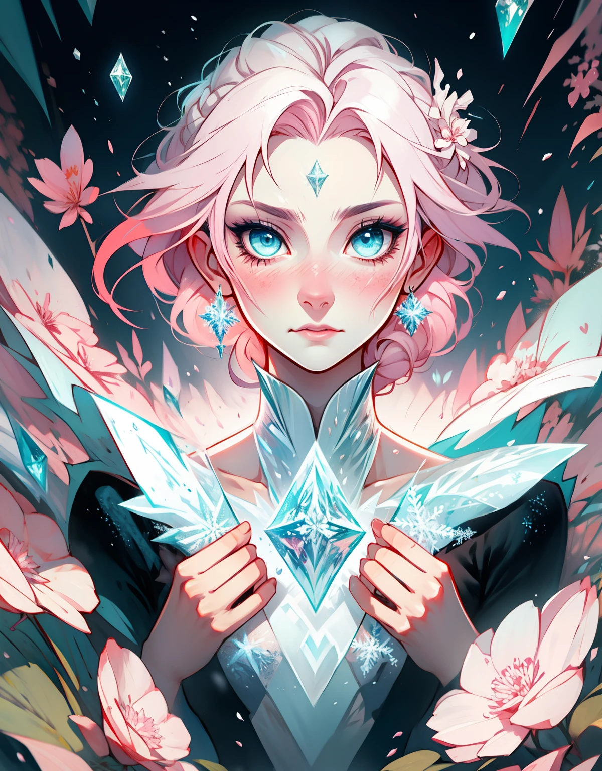 1 mulher, fantasiada de Elsa, strong emotions, sakura,pink hair,  (cabelo curto!!), luz, foco, frozen, como elza de frozen , corpo inteiro, solo, magia ao seu redor. illustration! from head to toe, vestido azul,neve, corpo inteiro, lagrimas, strong emotions