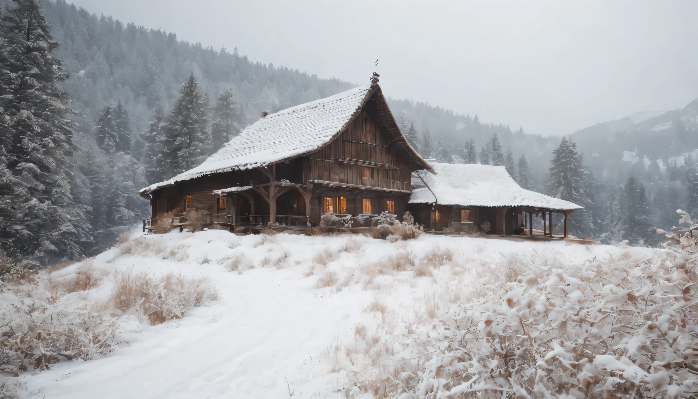 (Highly detailed CG Unity 8K wallpaper、masterpiece、highest quality、Super detailed)、(best lighting、best shadow、very delicate and beautiful)、highest quality、8K、Detailed facial depiction、masterpiece、highest quality、clear image quality、
Photographing an old folk house standing quietly in a snowy landscape。