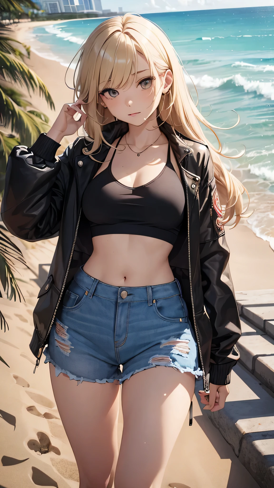 最high quality、best image quality、masterpiece、teenage girl((18-year-old、 By becoming、vest bust、medium bust,wide open breast tea、black eye, blonde hair、Habitual hair、long hair、thin,highest valley、blue shorts、attractive face、heart tattoo、black aloha shirt、sweating、like、Sleep on the ground、hair blowing in the wind)),high quality、beautiful art、background((Hawaii、Waikiki、Palm tree、beach、sunset))debris flies、Depth of written boundary、movie、visual art、perfect art、8K,genuine