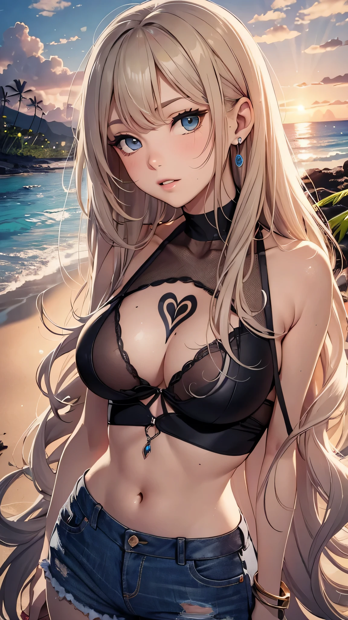 最high quality、best image quality、masterpiece、age girl((18-year-old、 By becoming、vest bust、medium bust,wide open breast tea、black eye, blonde hair、Habitual hair、long hair、thin,highest valley、blue shorts、attractive face、heart tattoo、black aloha shirt、sweating、like、Sleep on the ground、hair blowing in the wind)),high quality、beautiful art、background((Hawaii、Waikiki、Palm tree、beach、sunset))debris flies、Depth of written boundary、movie、visual art、perfect art、8K,genuine
