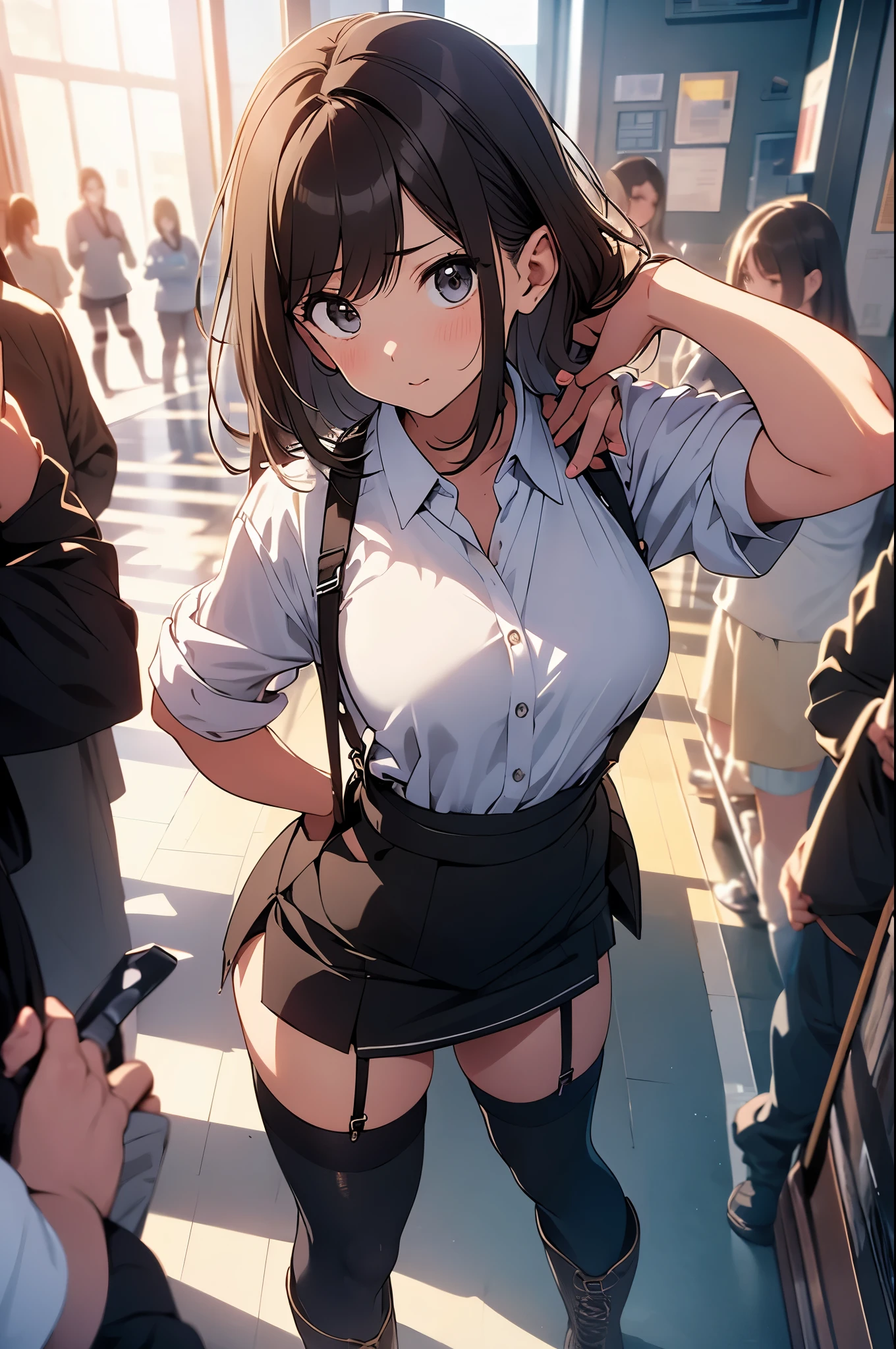 brown hair、looking at the viewer　　suspenders　　　Bulging big breasts　　 　 　　　　Black miniskirt　garter belt　knee high socks　　　　　　Gaze　　　small face　bangs 　　　　　Beauty　　hands up　　 　Gaze 　black boots 　provocation　　armpit sweat　one person 　　put your hands behind your back　cutter shirt　　Panty shot　ginka