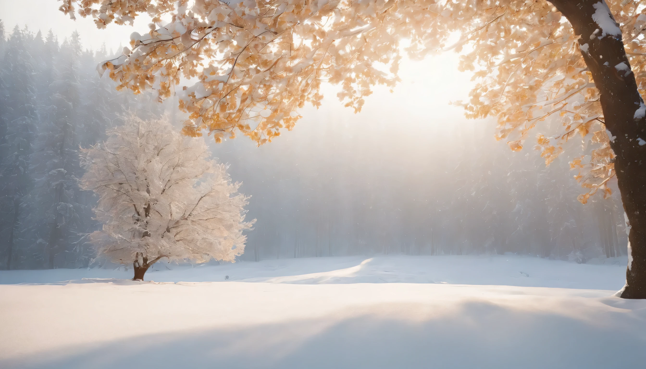 (Highly detailed CG Unity 8K wallpaper、masterpiece、highest quality、Super detailed)、(best lighting、best shadow、very delicate and beautiful)、highest quality、8K、Detailed facial depiction、masterpiece、highest quality、clear image quality、
tree covered with snow々々Be sure to take a photo of the morning sun peeking through the window.。
