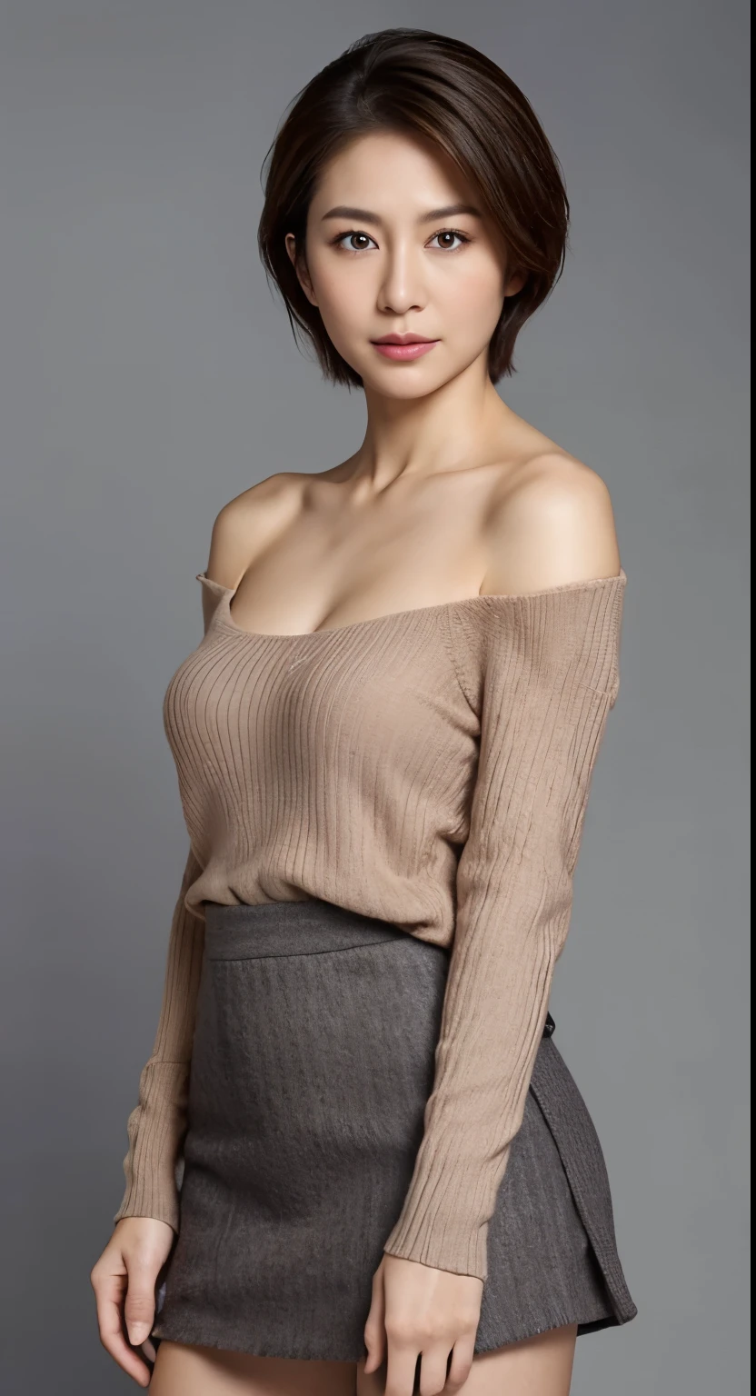 High resolution, High level image quality, high detail, masterpiece, rough skin, anatomically correct, sharp, gray background((Japanese ,30 years old)), solo, ((very short hair)), good shape big breasts, Straight light brown hair that reaches to the shoulders, Chubby body type (((Stand upright, facing the center of the screen.))), Close your mouth and look straight ahead with a serious face, sweater, skirt, ((cowboy shot)),