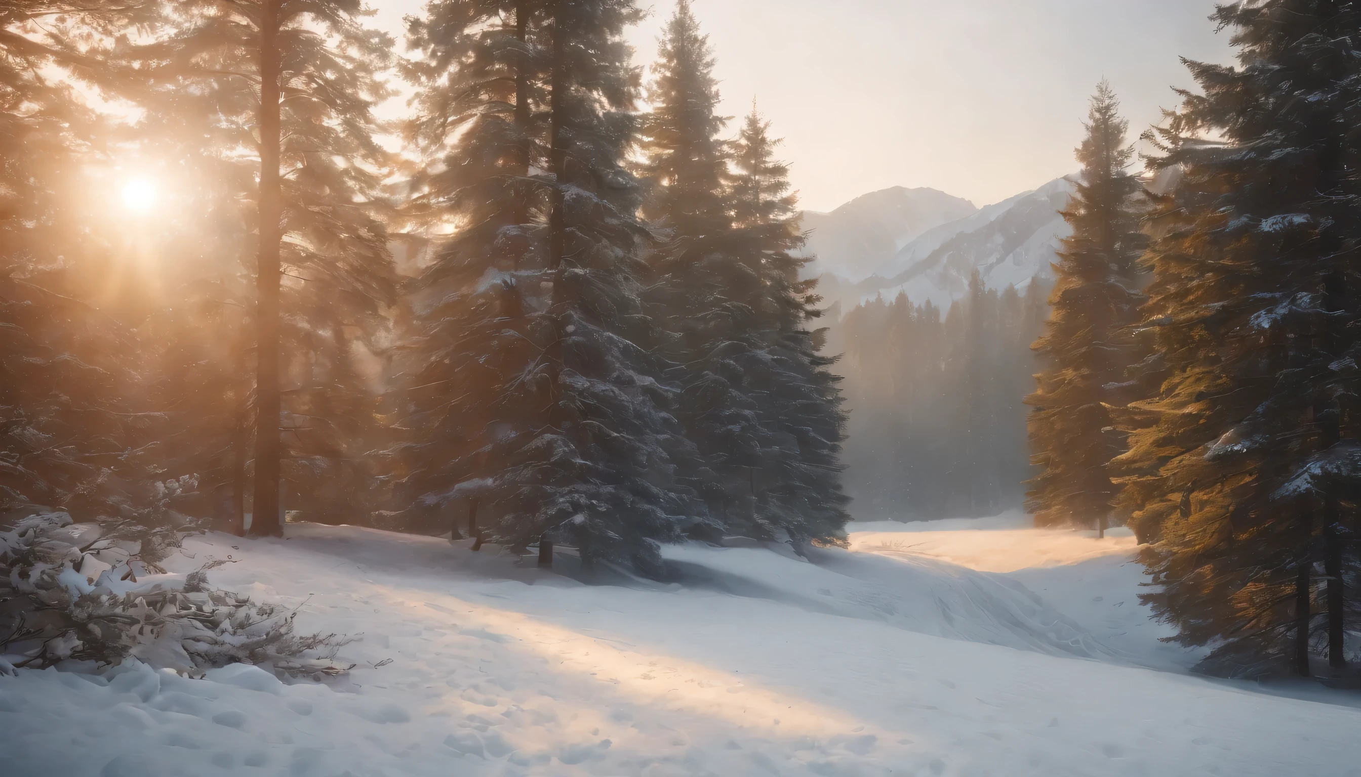 (Highly detailed CG Unity 8K wallpaper、masterpiece、highest quality、Super detailed)、(best lighting、best shadow、very delicate and beautiful)、highest quality、8K、Detailed facial depiction、masterpiece、highest quality、clear image quality、
tree covered with snow々々Be sure to take a photo of the morning sun peeking through the window.。