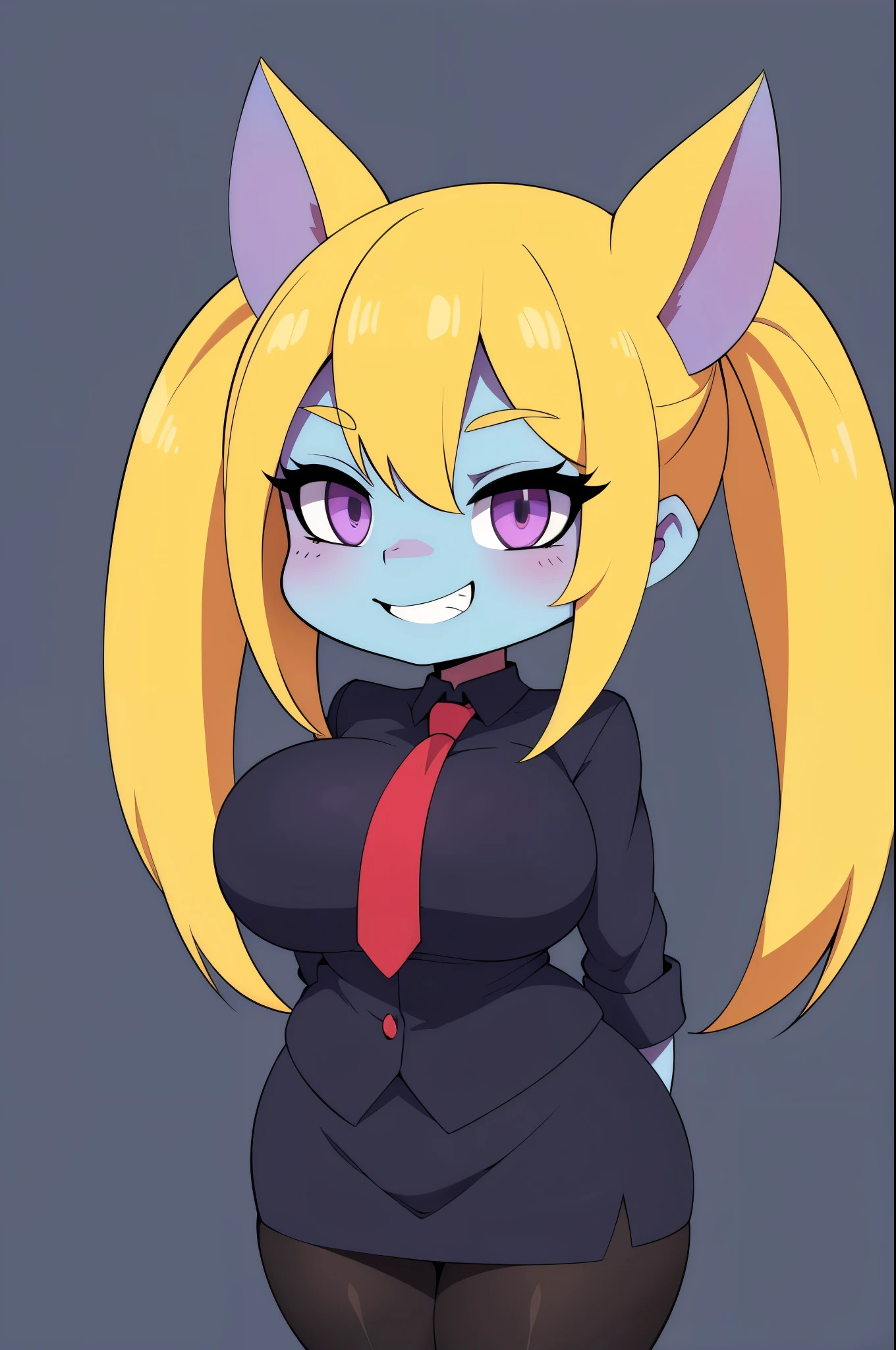 masterpiece, best quality, ultra-detailed, illustration, colorful, flat color, depth of field, 1girl, poppy, yordle, anime, standing, blonde hair, blue skin, twintails, purple eyes, looking at viewer, simple background, hands behind back, white shirt, black pencil skirt, necktie, pantyhose, detailed skin texture, detailed cloth texture, beautiful detailed face, huge breasts, blush, seductive grin, makeup, shortstackBT, shortstack