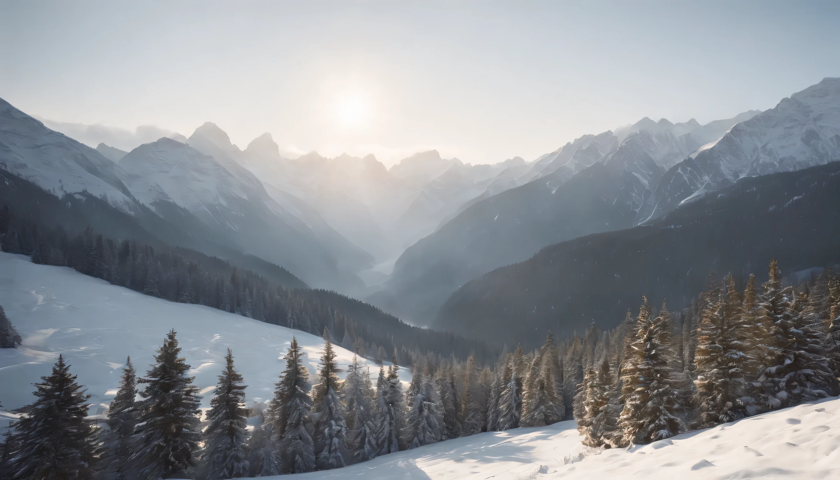 (Highly detailed CG Unity 8K wallpaper、masterpiece、highest quality、Super detailed)、(best lighting、best shadow、very delicate and beautiful)、highest quality、8K、Detailed facial depiction、masterpiece、highest quality、clear image quality、
Take a photo of a snowy road with mountains in the background。