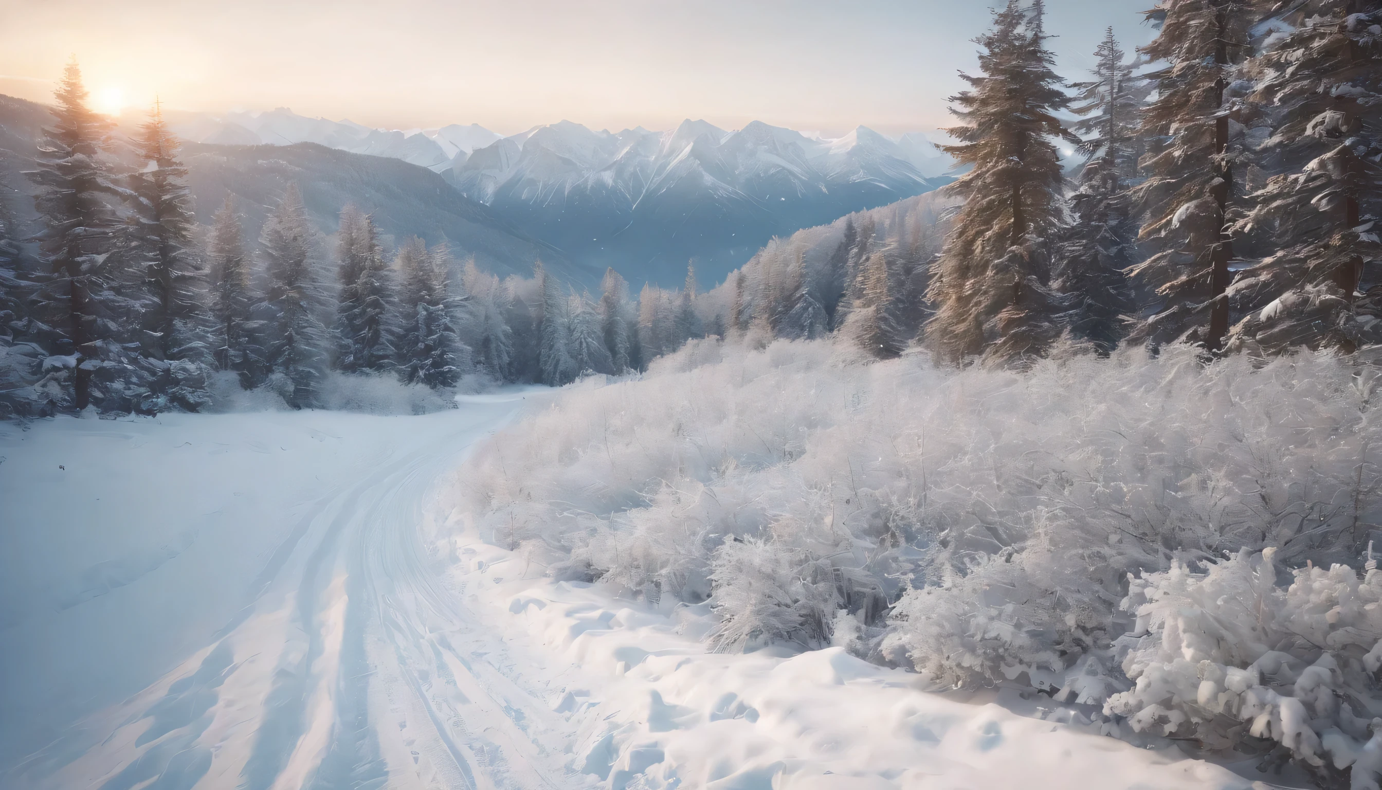 (Highly detailed CG Unity 8K wallpaper、masterpiece、highest quality、Super detailed)、(best lighting、best shadow、very delicate and beautiful)、highest quality、8K、Detailed facial depiction、masterpiece、highest quality、clear image quality、
Take a photo of a snowy road with mountains in the background。