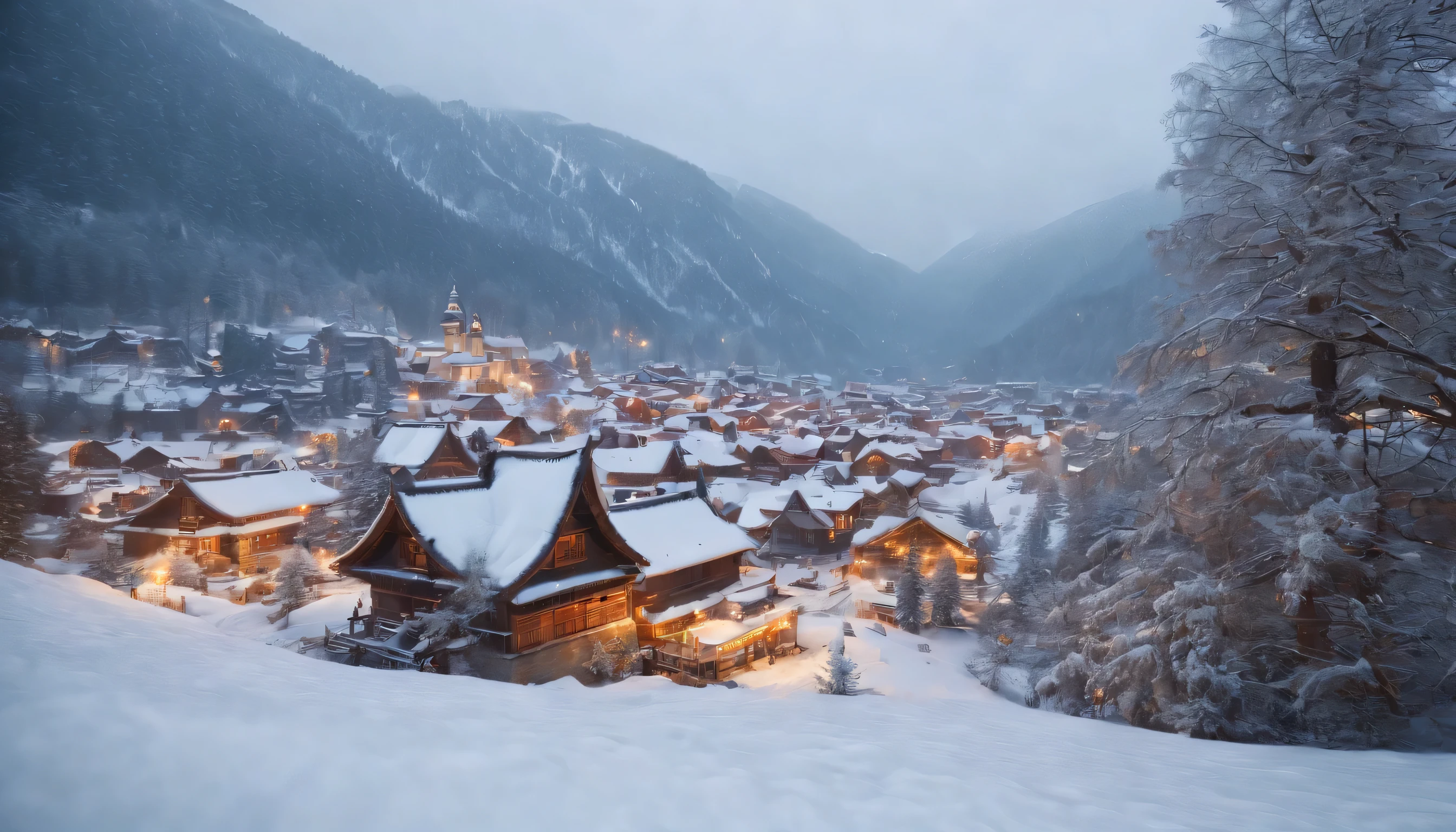 (Highly detailed CG Unity 8K wallpaper、masterpiece、highest quality、Super detailed)、(best lighting、best shadow、very delicate and beautiful)、highest quality、8K、Detailed facial depiction、masterpiece、highest quality、clear image quality、
Capturing panoramic views of snow-covered villages。