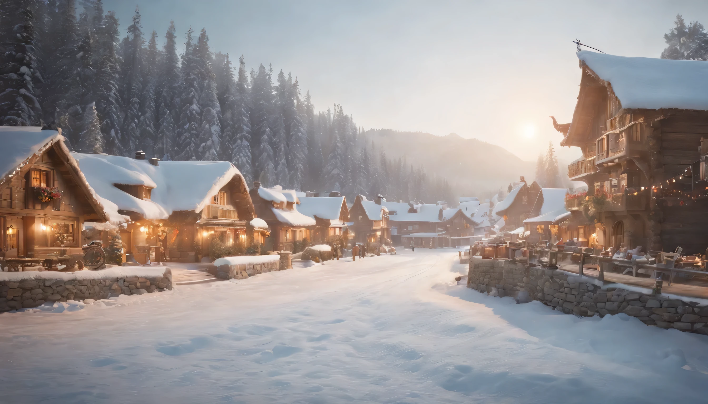 (Highly detailed CG Unity 8K wallpaper、masterpiece、highest quality、Super detailed)、(best lighting、best shadow、very delicate and beautiful)、highest quality、8K、Detailed facial depiction、masterpiece、highest quality、clear image quality、
Capturing panoramic views of snow-covered villages。