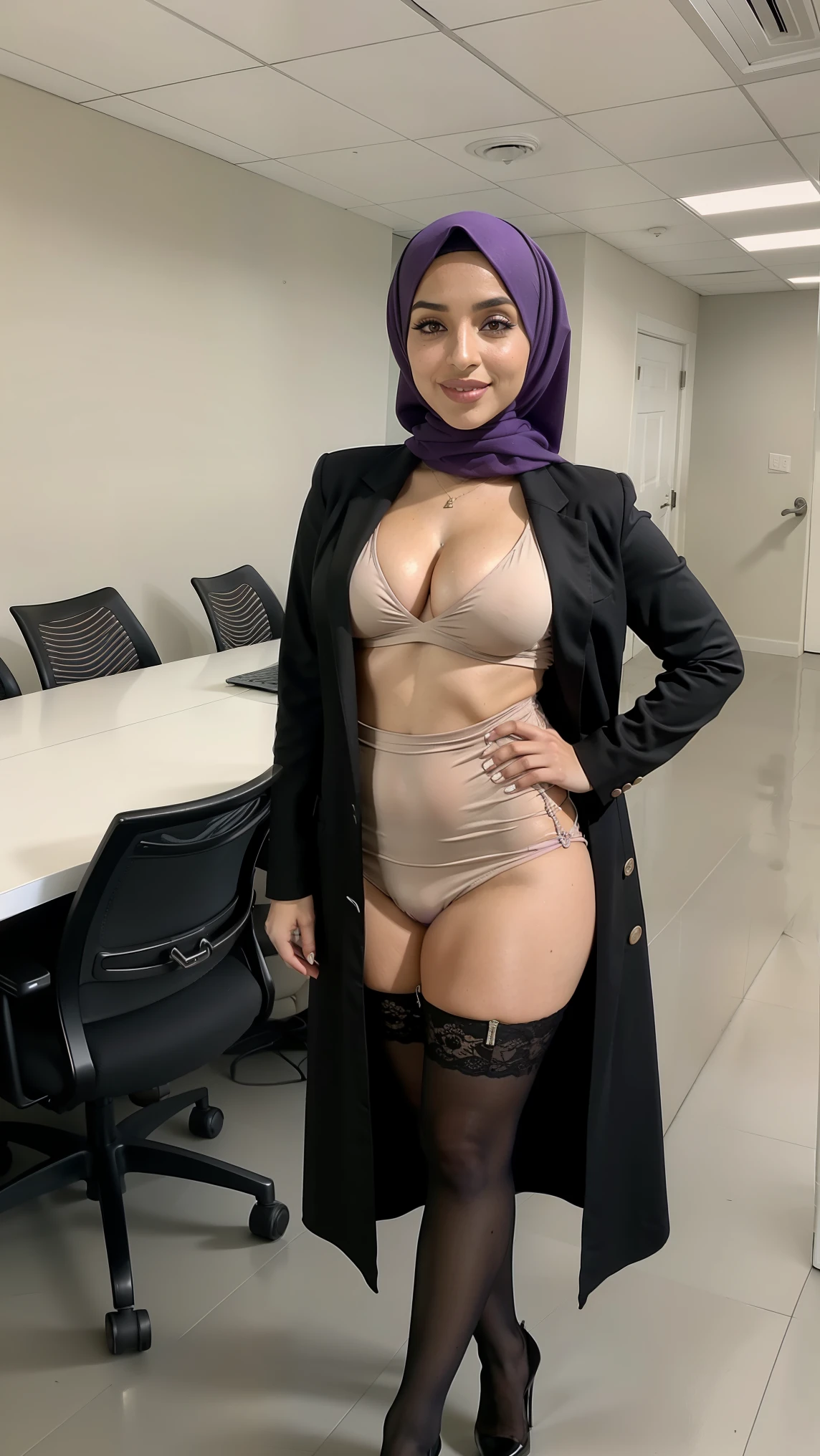 A busty hijabi girl, Arabic ethnicity, brown skin, Muslim, mature woman, wearing a secretary outfit, purple open shirt, black jacket, mini skirt, brow stocking, a black high heel, silk headscarf, big natural breasts, nice rounded ass, cleavage, sexy, thick hips, beautiful feet, smiling at the viewer, top view, in a corporate environment, taking a picture in reunion room, pc wallpaper, 8k, 4k, wallpaper, full body shot, subject in the middle of the frame