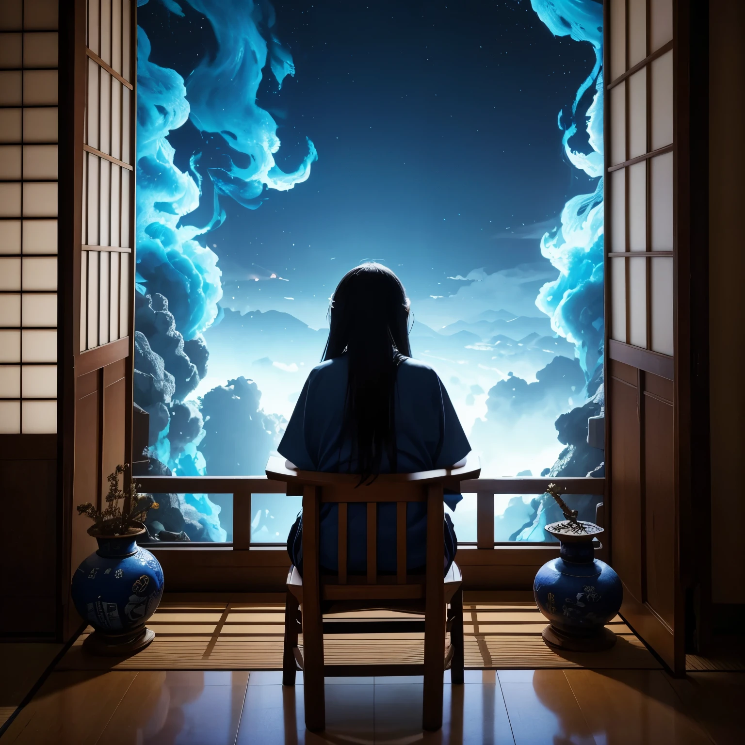 A depiction from a distance。A 25-year-old woman of half Japanese and African descent is sitting on a chair.。She was in a temple room in Greece.、looking out the window on the left。There are many books piled up around her.、they are engulfed in blue flames