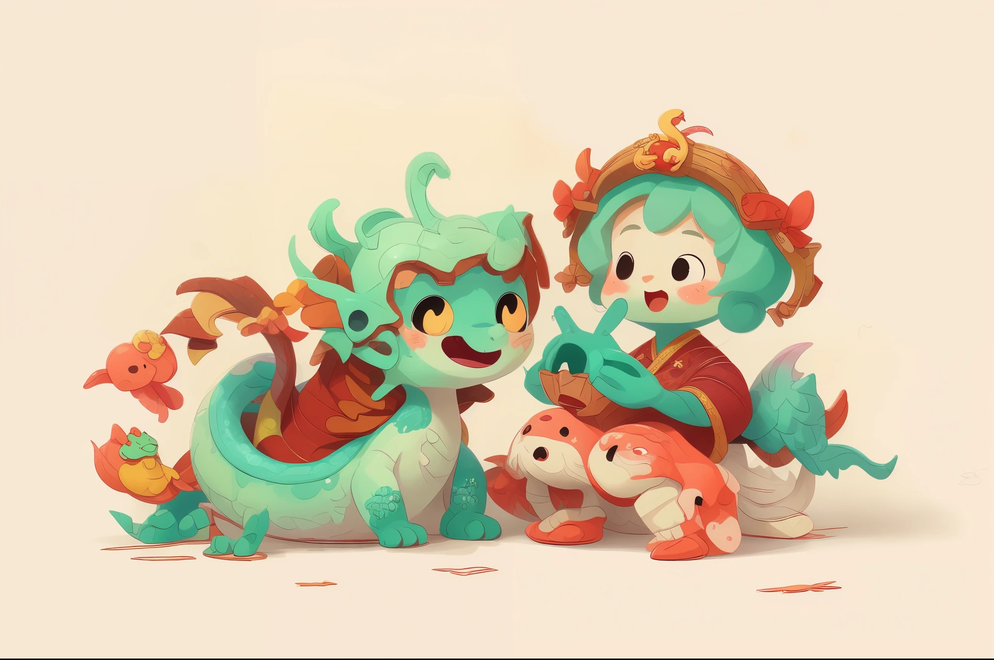 Create a New Year blessing picture using dragon couplets,Everyone has a cute 3D dragon doll.。There are festive scenes of the Spring Festival in the background