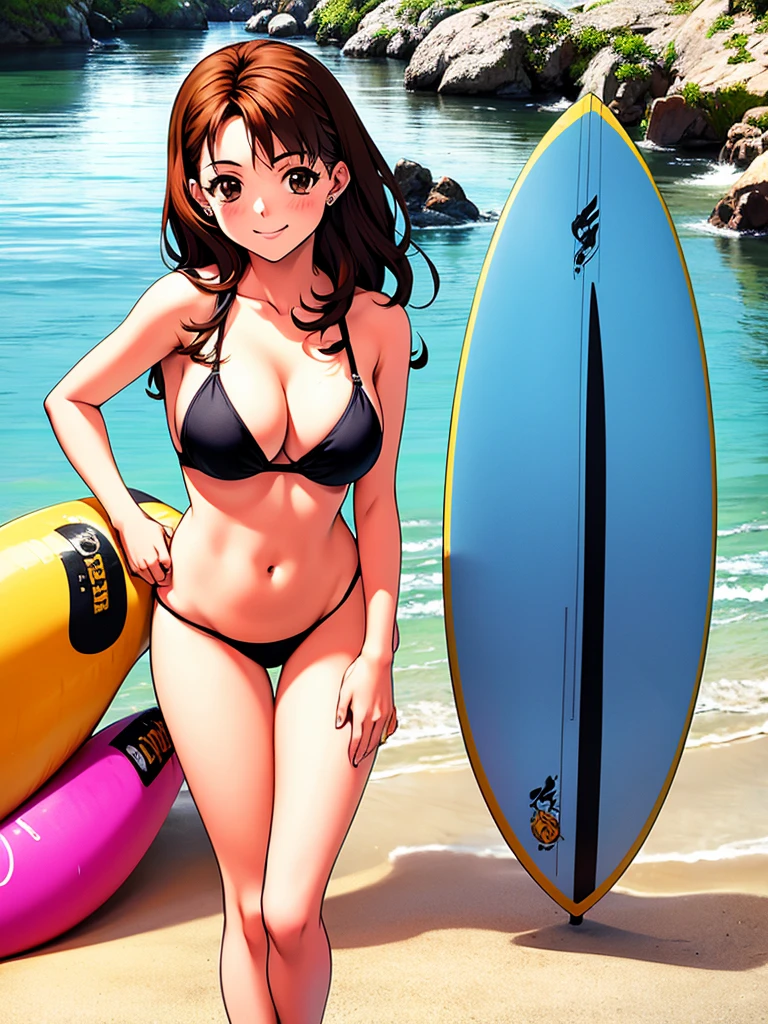 masterpiece, best quality, a pretty woman in a bikini standing next to a surfboard, 1girl, solo, full body, swimsuit, bikini, brown hair, smile, breasts, sandals, realistic