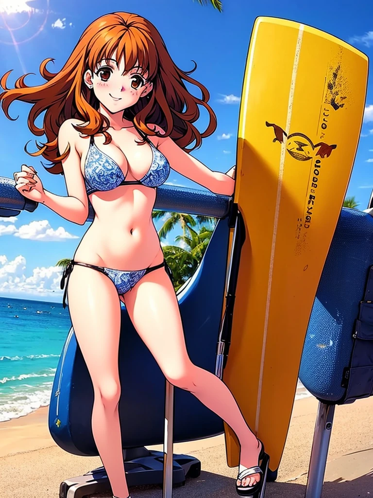 masterpiece, best quality, a pretty woman in a bikini standing next to a surfboard, 1girl, solo, full body, swimsuit, bikini, brown hair, smile, breasts, sandals, realistic