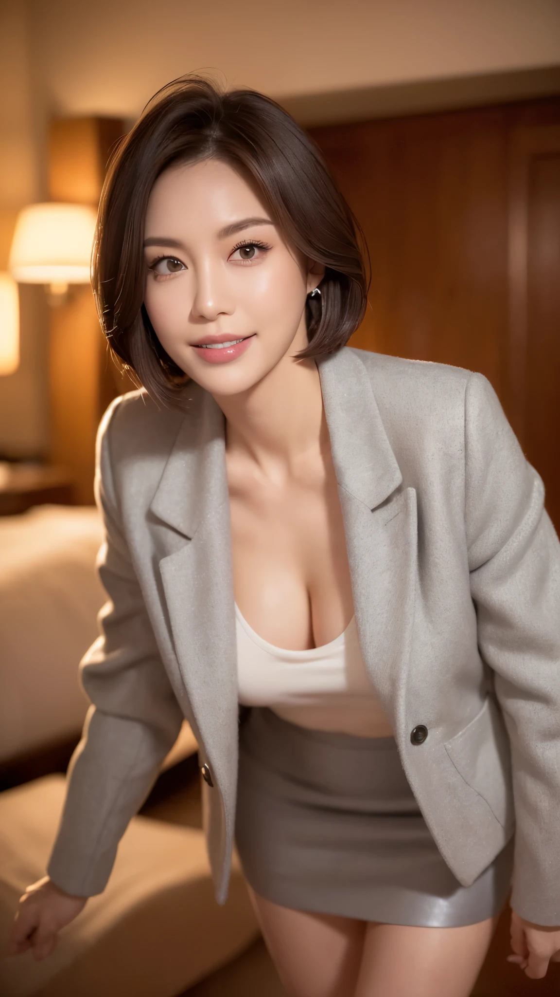 highest quality, Photoreal, super dense skin,solo, stand upright, white blouse,(gray wool jacket) , (gray wool tight skirt)、(Black Genuine Leather Long Boots、Knee length)、(shortcut)、earrings、double eyelid, (eyelashes:0.7)、lip gloss, (smile:1), ((close your eyes:0.85)), ((looking at the viewer))、(normal chest)、(The whole body is shown)、8head and body、((Are standing)), (short hair of reddish-brown color wet and shiny,),red mouth,clavicle、full body portrait、digital illustration, (Photoreal:1.3),(RAW photo) black hair, solid circle eyes, light smile, brown hair, short hair, bob cut, wide-eyed, Surrealism, drop shadow, anaglyph, stereogram, tachi-e, pov, atmospheric perspective, cinematic lighting, f/2.8, Nikon, 8k, super detail, ccurate, best quality, textured skin, anatomically correct, masterpiece ,masterpiece,highest quality, (1 milf、36 years old), double eyelid,lip gloss, (smile:1), ((close your eyes:0.85)),red mouth,clavicle, ((looking at the viewer)),(short hair of reddish-brown color wet and shiny,),hotel room、(The whole body is shown)、8head and body、(机の前にAre standing)、