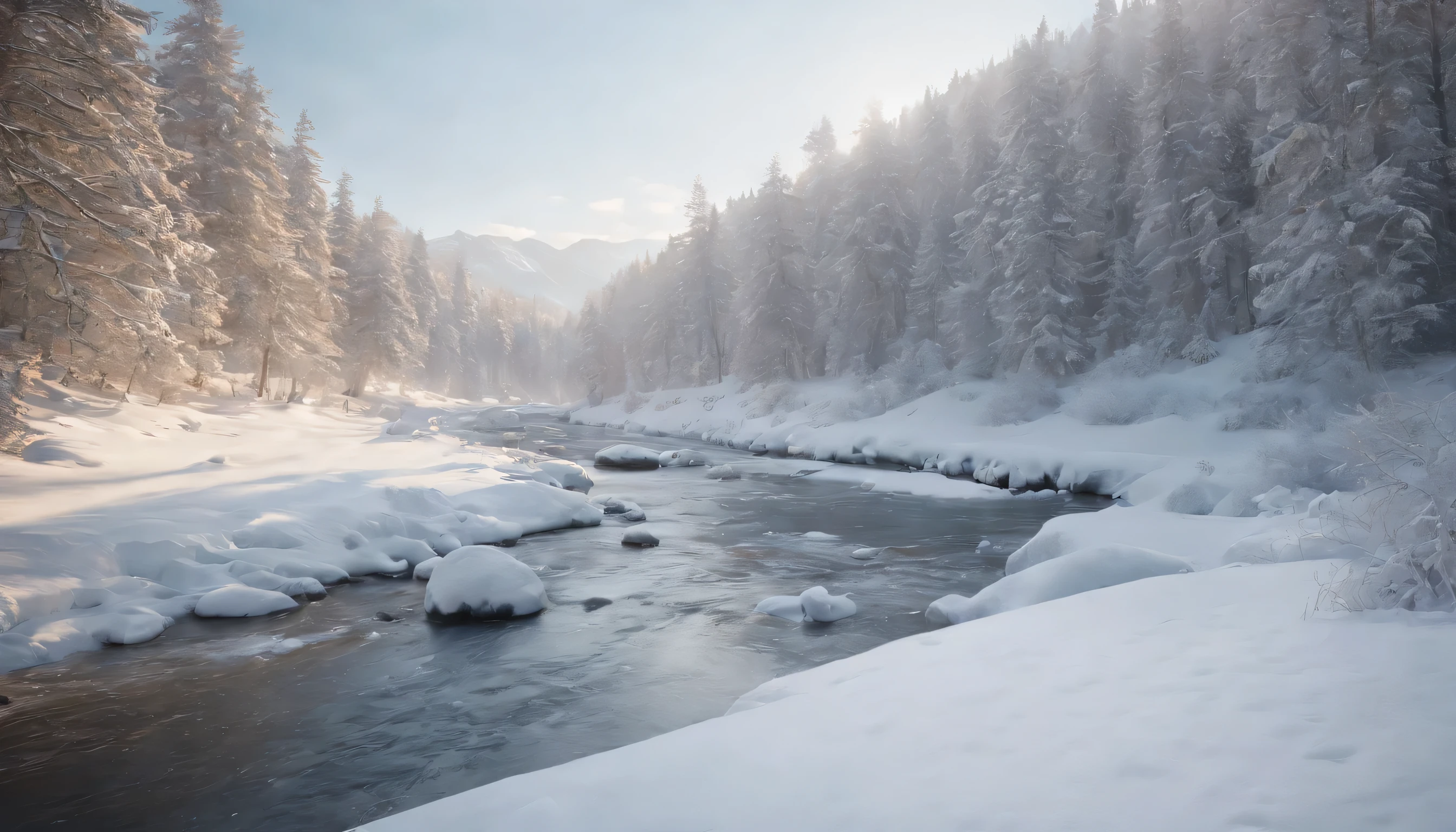 (Highly detailed CG Unity 8K wallpaper、masterpiece、highest quality、Super detailed)、(best lighting、best shadow、very delicate and beautiful)、highest quality、8K、Detailed facial depiction、masterpiece、highest quality、clear image quality、
Capture the beautiful sight of icicles reflected in a countryside stream。