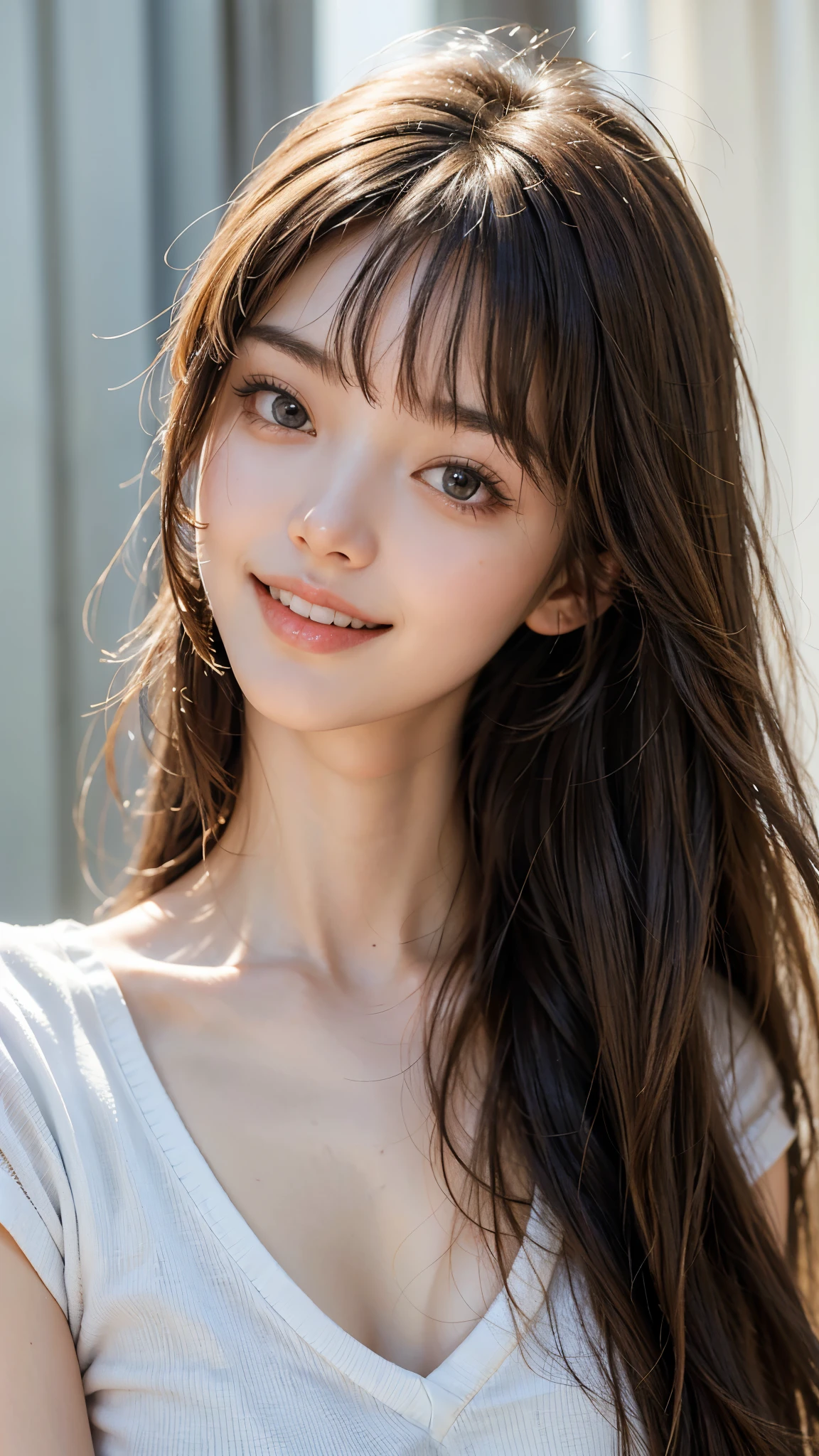 highest quality, masterpiece, ultra high resolution, (realistic:1.4), (close portrait) RAW photo, 1 girl, 22 years old,wink,((Whitening))slender body,medium chest,((white jersey top and bottom)),((long hair with straight bangs)),((Pulling up your hair)),((looking up at the viewer)), realistic pictures,((toothy smile)),