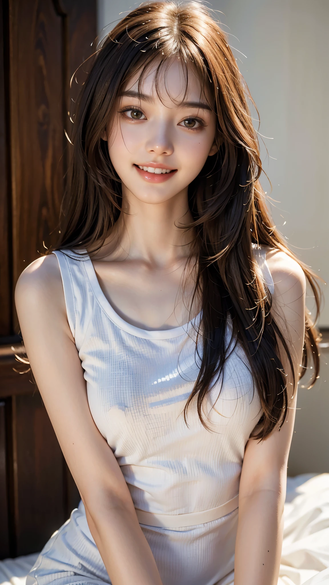 highest quality, masterpiece, ultra high resolution, (realistic:1.4), (close portrait) RAW photo, 1 girl, 22 years old,wink,((Whitening))slender body,medium chest,((white jersey top and bottom)),((long hair with straight bangs)),((Pulling up your hair)),((looking up at the viewer)), realistic pictures,((toothy smile)),