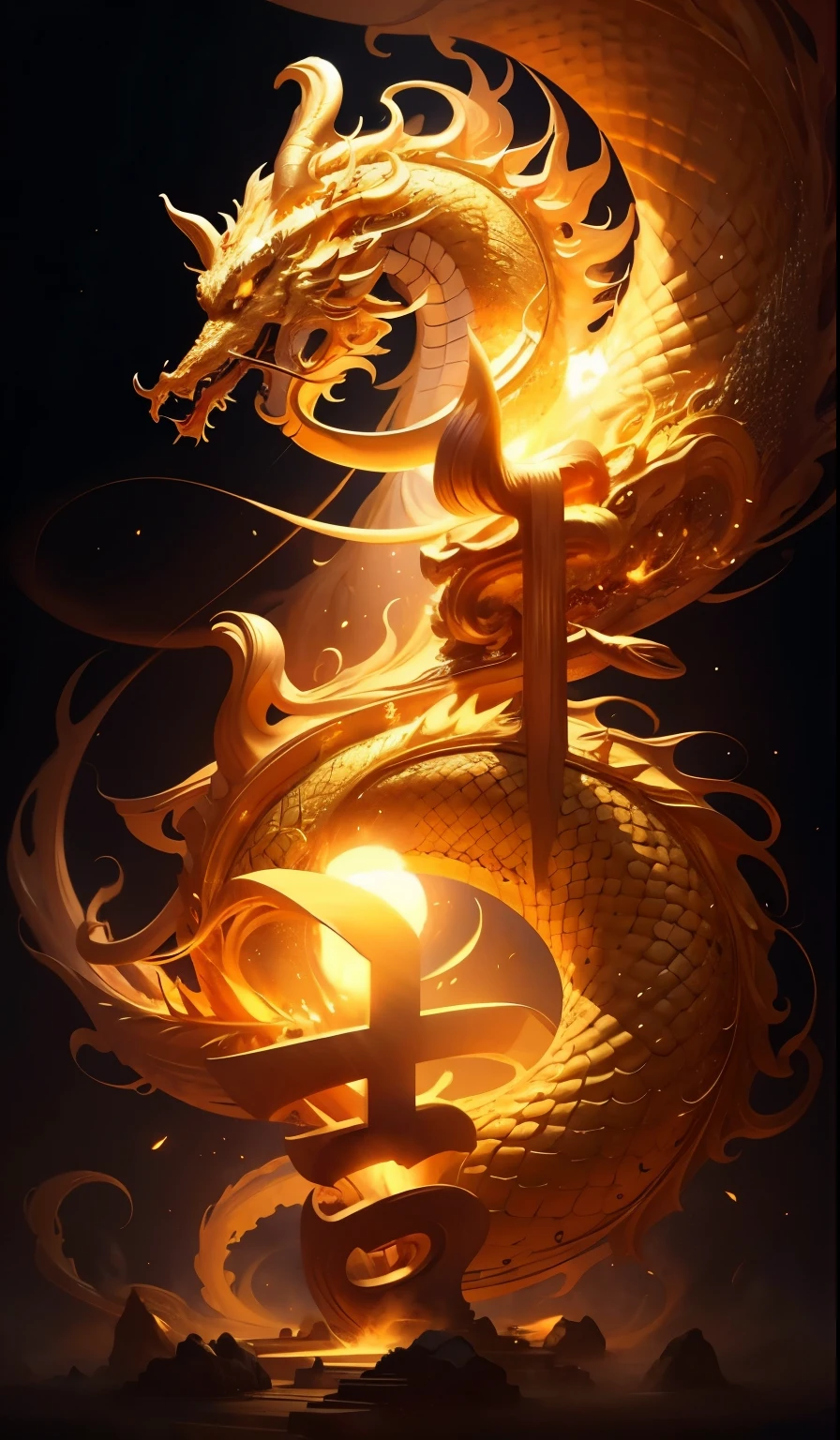 masterpiece,golden chinese dragon, surrounded by gold dust,long wavy body,fangs,fantasy, mythical, high quality, highly detailed, masterpiece, epic,particles effect,dynamic effect,sun in the background