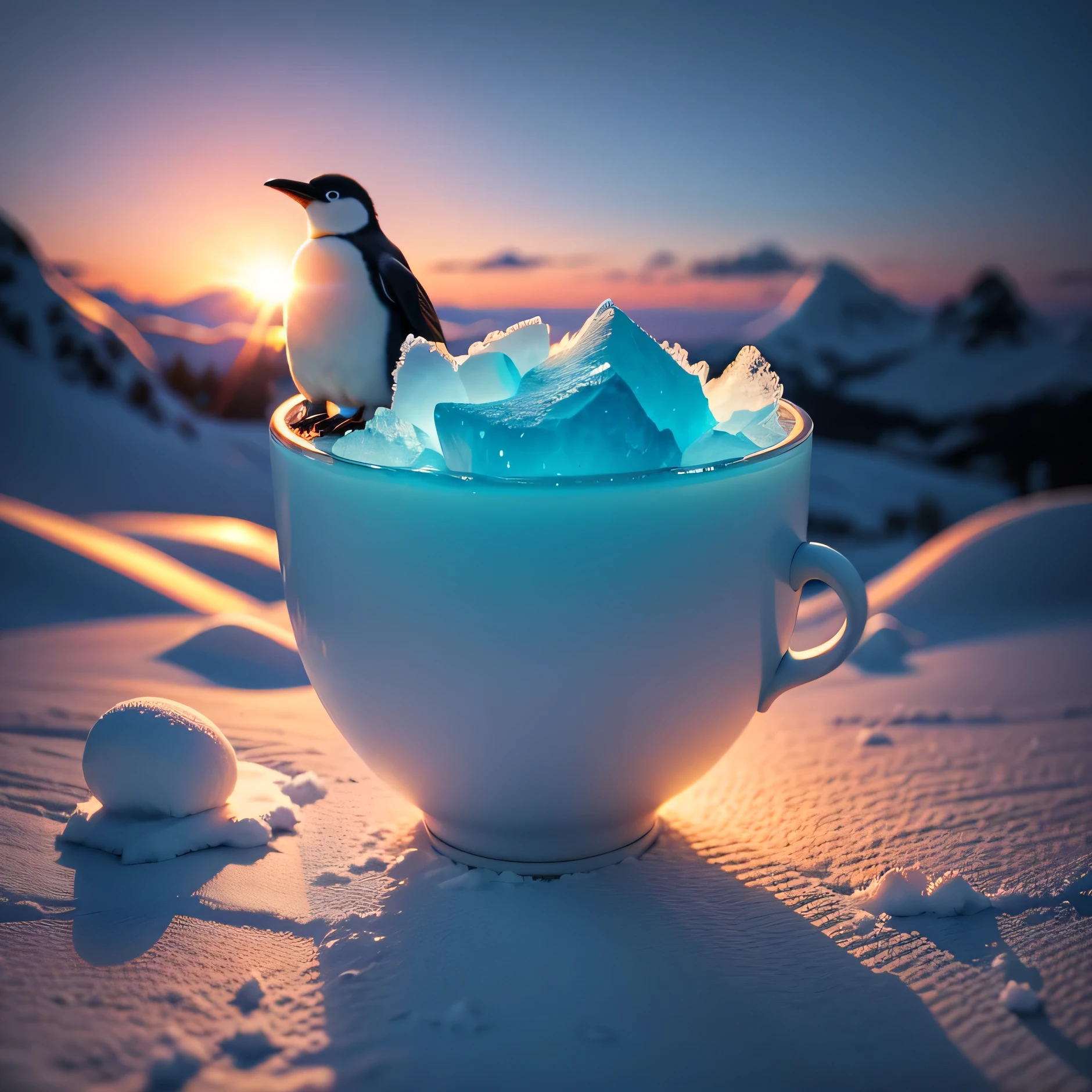 Change this tea cup background, sun rise, ice hill, penguins, 8k 
