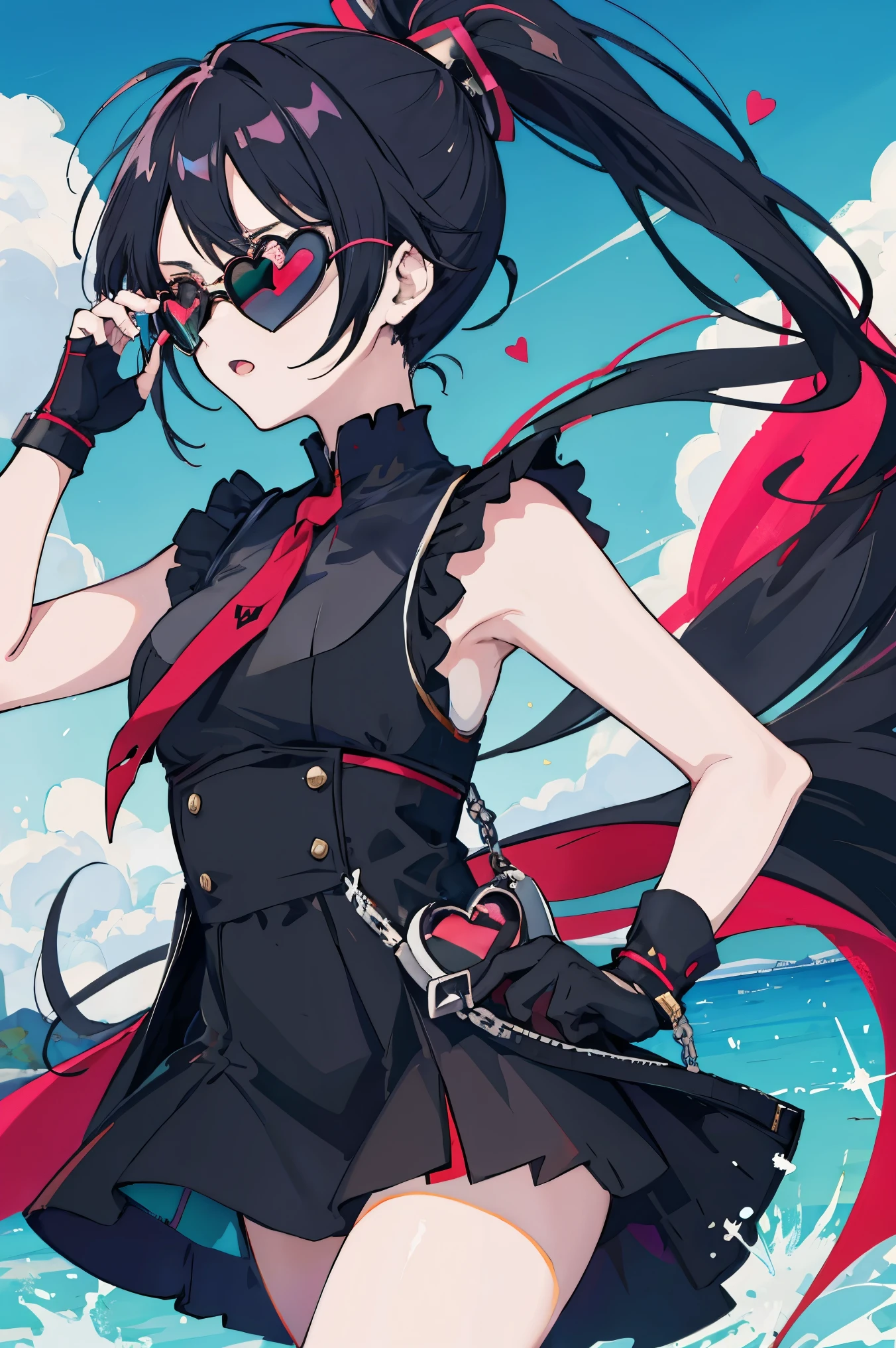 anime girl, ponytail, black dress, Heart Sunglasses, assassin