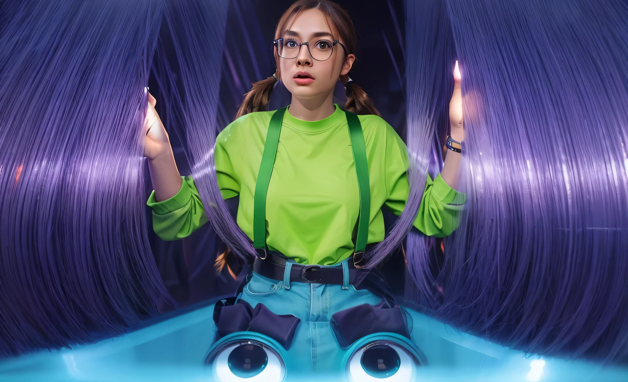 The girl is confused and looks out with large purple curls of hair. A girl in a green shirt looks out from a purple hairstyle of curls A asian girl with two pigtails, wearing a green shirt and suspenders, looks scared with her hands up. Satin skin with natural texture, ultra realistic hyper realistic body skin texture ultra realistic a girl with long brown ponytails, black round glasses, wearing a bright shirt and glasses, stretches out her hands. She has a frightened expression on her face, perfect smooth skin. with long brown hair and glasses, smoot, multiple light sources, rim light, sharp post effects render, perfect cgi, anthropomorphic cat, digital art, detailed digital art, reflective, best quality, 4k, masterpiece:1.2, ultra-detailed, realistic, vivid colors, dark and moody lighting, The image of the highest quality, ensuring every detail showcased perfectly. It in 4k resolution, allowing viewers to immerse themselves in the richness of the colors and intricate details. The realistic rendering. under the spotlight, reflecting, high-resolution image, realistic rendering, dark background, and rim light