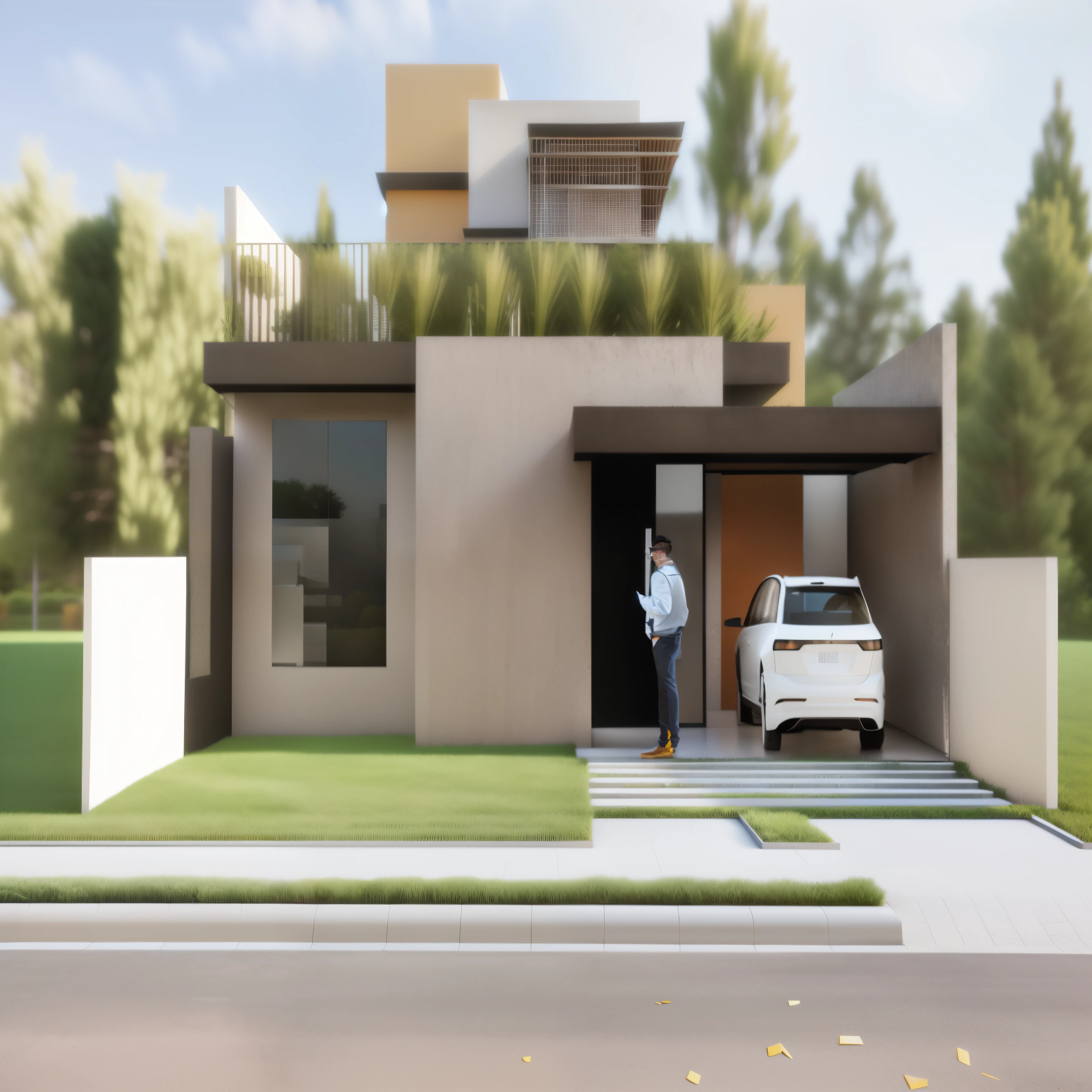 rendering of a modern house with a car parked in front, professional render, architectural render, Casa Conceito, photo rendering, high quality rendering, architecture rendering, architectural 3 d render, Realistic rendering, photographic rendering, photorendering, grande exterior 2022, award-winning rendering, in 3d rendering style, Lumion rendering, a photoRealistic renderinging