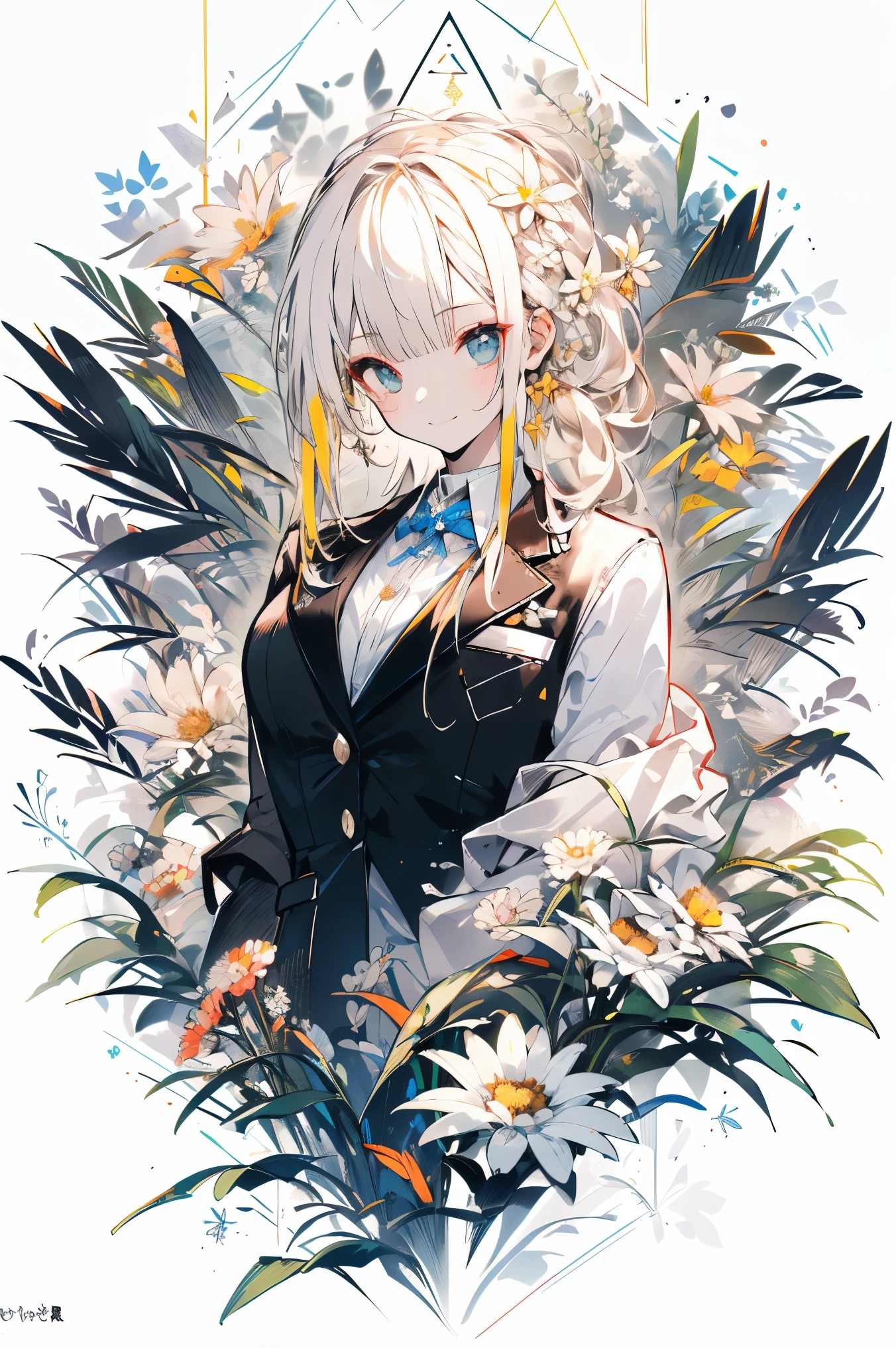 (white background:1.4),(white dirt road, oriental elements)，(nature illustration spring:1.3，paper art:1.3, キルティングpaper art:1.2),( reasonable design, sharp lines, High sharpness,highest quality, very detailed, table top, movie light effects, 4K )、(Uniform Blazer:1.2)、(High School Blazer、Blazer with cute design:1.2)、Wind、With background、yellow hair、blonde hair、eye、length、slight smile、best smile、facing the front、facing the frontいる女の子、Braid、Pigtails、double braids、White flower、Daisy flowers、Margaret flowers、Cute Flowers