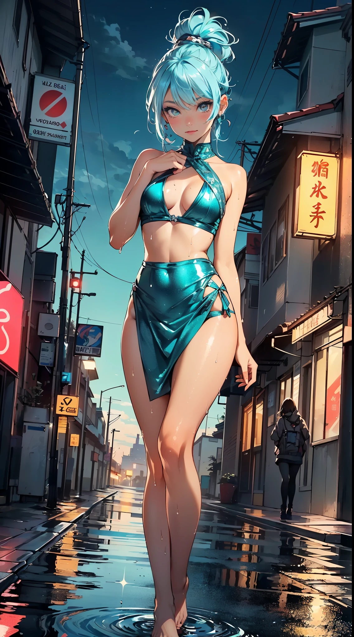 cute little ,(((little ,tiny little body,,Little))),(((6 yed))),((little with extremely cute and beautiful aqua hair)),(baby face), (round face)
(((flat chest))),(((aqua hair:1.5,long aqua hair,ponytail,colored inner hair,ear breathing,))),((heterochromia:1.5, (aqua_eye and yellow_eye))),intricate eyes,beautiful detailed eyes,symmetrical eyes,big eyes:1.5,(((Glossy skin:1.5,bright skin: 1.5,tanned skin,shiny skin,very shiny skin,shiny body,plastic glitter skin,exaggerated shiny skin,illuminated skin,wet legs))),(detailed body,(detailed face)),
cute,Slutty,erotic,((NSFW)),
zettai ryouiki,(revealing clothing,show your skin),((side boob)),(barefoot,),(((chest curtain,Low-rise miniskirt,High-cut string))),((wet clothes,intricate costumes,complicated clothes)),
(dynamic pose:1.0),focus only,embarrassing,(Centered,Scale to fit,Rule of thirds),
Cyberpunk city by the sea at night, Bright neon sign and dark storm clouds and puddles, scenery:1.25,
artistic pictures,(Photo taken by sldr),High resolution, sharp focus, (Super detailed, very detailed), (realistic artwork:1.37),(very detailed CG unity 8k wallpaper),((Synthwave background theme)),(((Bright colors))),(complex background),(masterpiece),(highest quality),