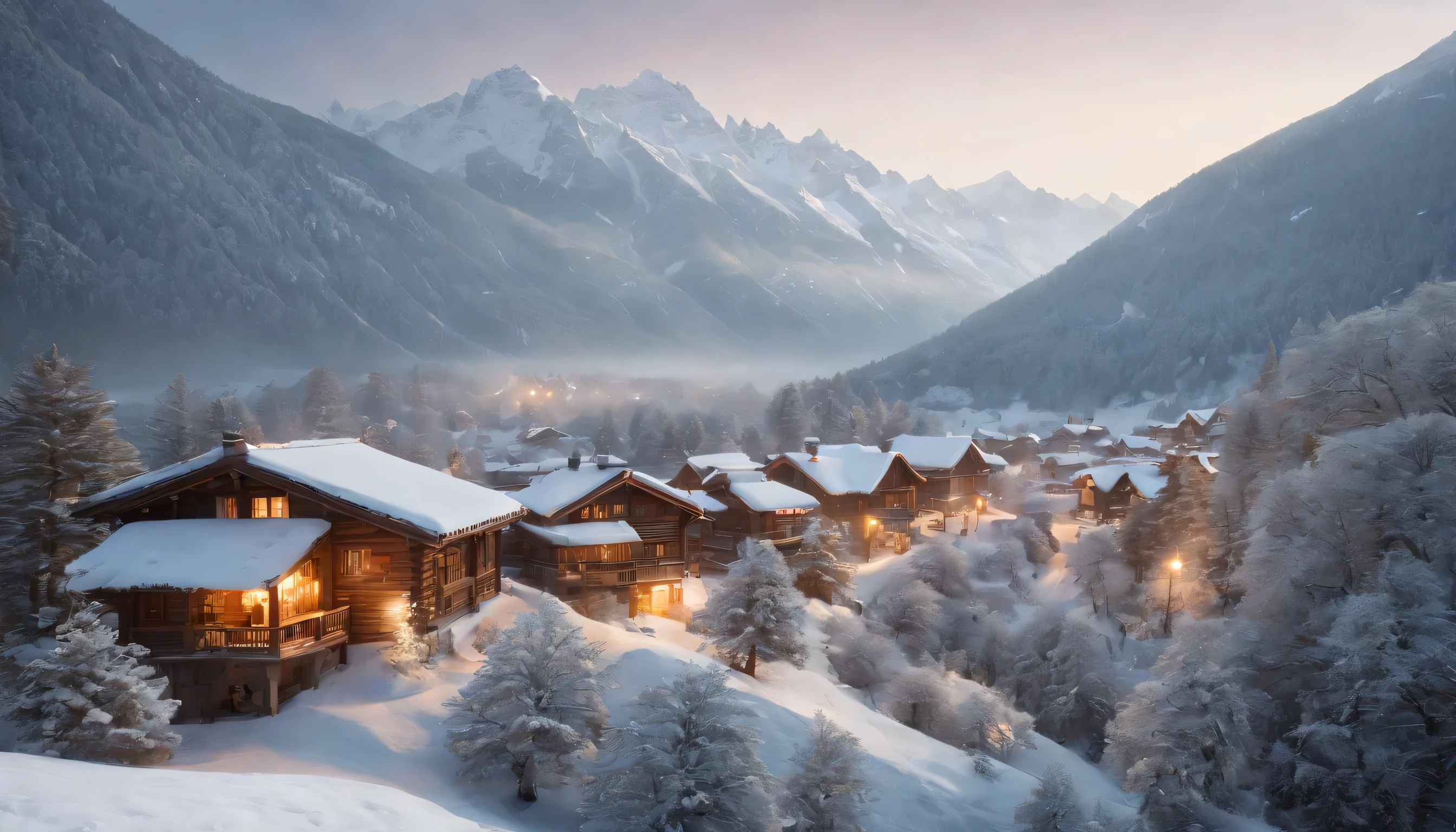 (Highly detailed CG Unity 8K wallpaper、masterpiece、highest quality、Super detailed)、(best lighting、best shadow、very delicate and beautiful)、highest quality、8K、Detailed facial depiction、masterpiece、highest quality、clear image quality、
Mountain々Please take a photo with the snowy village scenery in the background.。