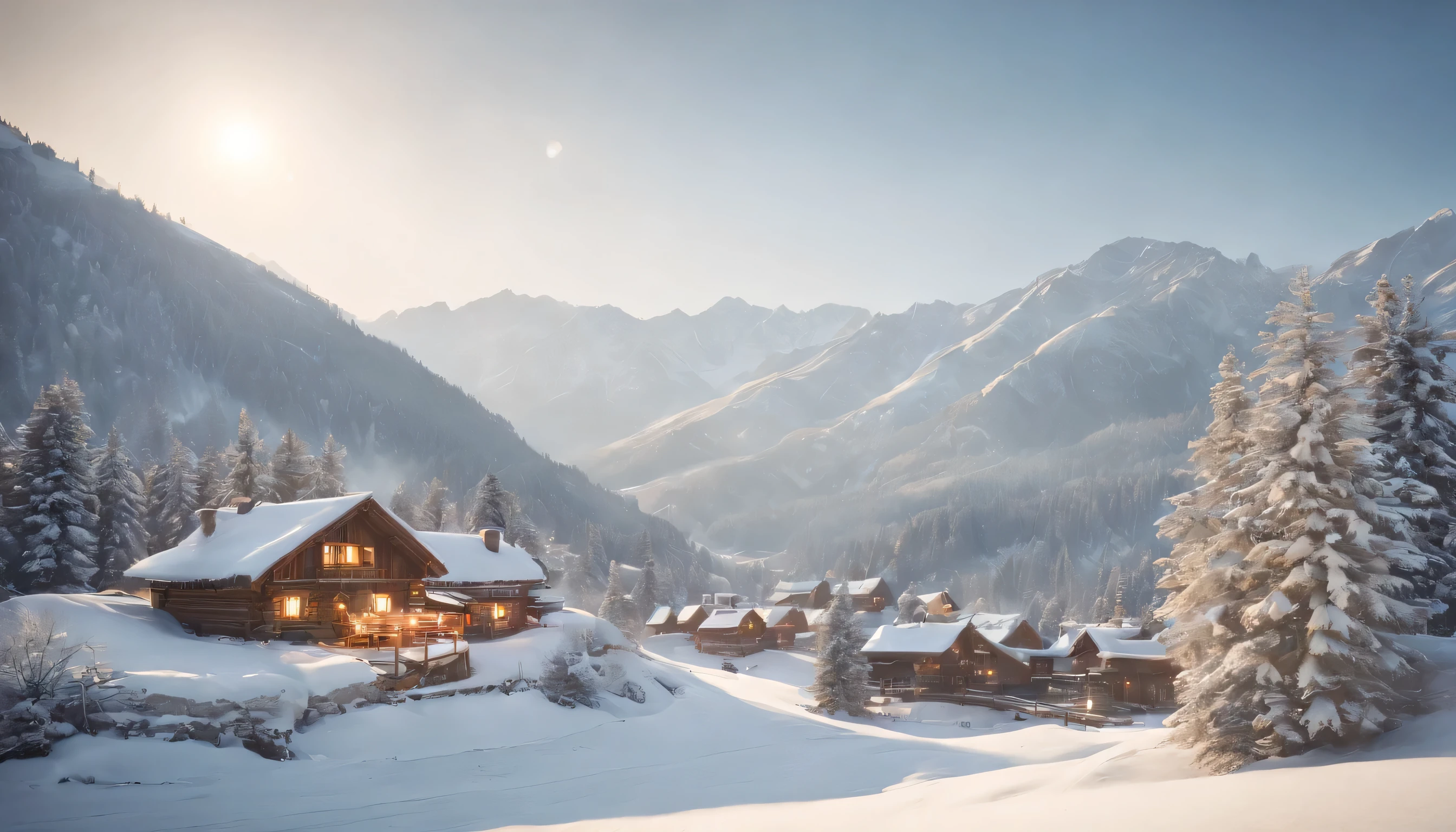 (Highly detailed CG Unity 8K wallpaper、masterpiece、highest quality、Super detailed)、(best lighting、best shadow、very delicate and beautiful)、highest quality、8K、Detailed facial depiction、masterpiece、highest quality、clear image quality、
Mountain々Please take a photo with the snowy village scenery in the background.。