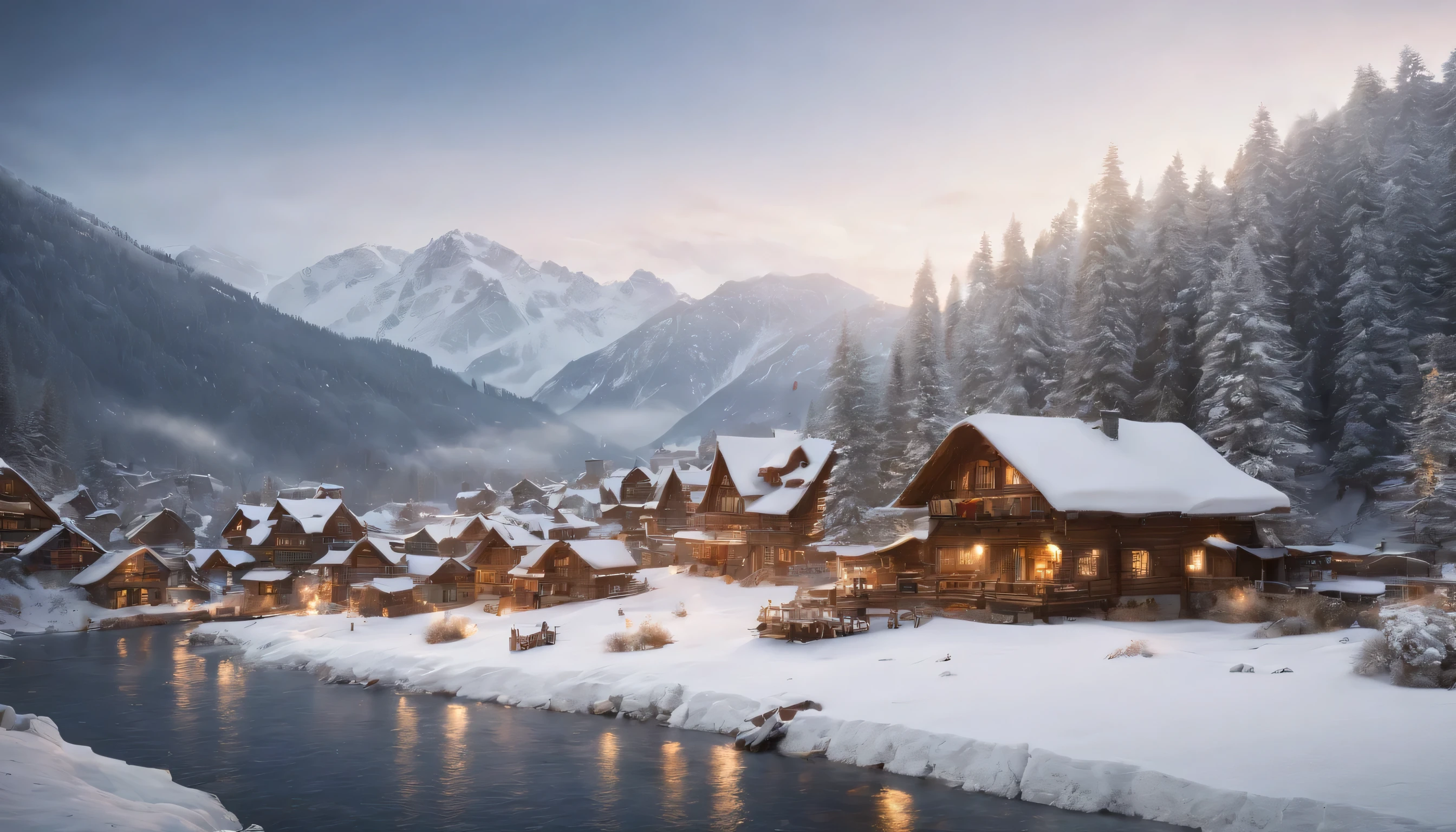 (Highly detailed CG Unity 8K wallpaper、masterpiece、highest quality、Super detailed)、(best lighting、best shadow、very delicate and beautiful)、highest quality、8K、Detailed facial depiction、masterpiece、highest quality、clear image quality、
Mountain々Please take a photo with the snowy village scenery in the background.。