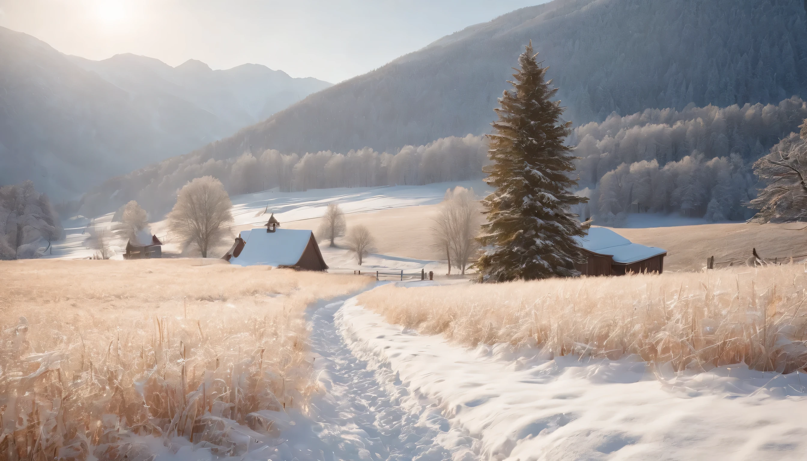 (Highly detailed CG Unity 8K wallpaper、masterpiece、highest quality、Super detailed)、(best lighting、best shadow、very delicate and beautiful)、highest quality、8K、Detailed facial depiction、masterpiece、highest quality、clear image quality、
Be sure to take photos of the way the light shines through the countryside at dusk in winter, coloring the countryside..。