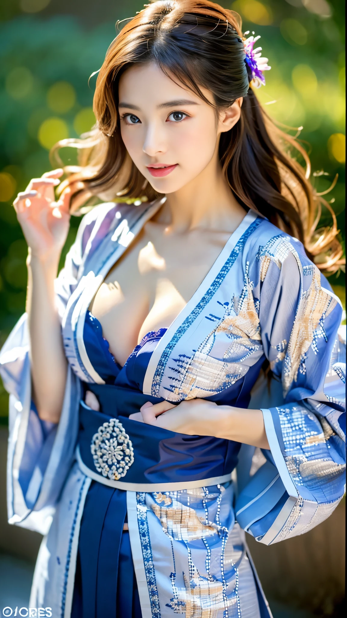 (highest quality、16k、32K、masterpiece、ultra high resolution)、((kimono、kimono))、(huge )、((anatomically correct)、(physically beautiful structure))、(((have cleavage)))、(long hair)、((Watching the viewer))、abs、perfect body、(((armpit))),   clavicle、beautiful butt,super detailed face、double eyelid、((belly button))、mysterious look、美しく繊細なkimono、high contrast、((color々sexy pose、Natural light))、beautiful butt、tattoo、eyes shine、美しい柄のkimono、big hair ornament on the head、sfw:1.3、