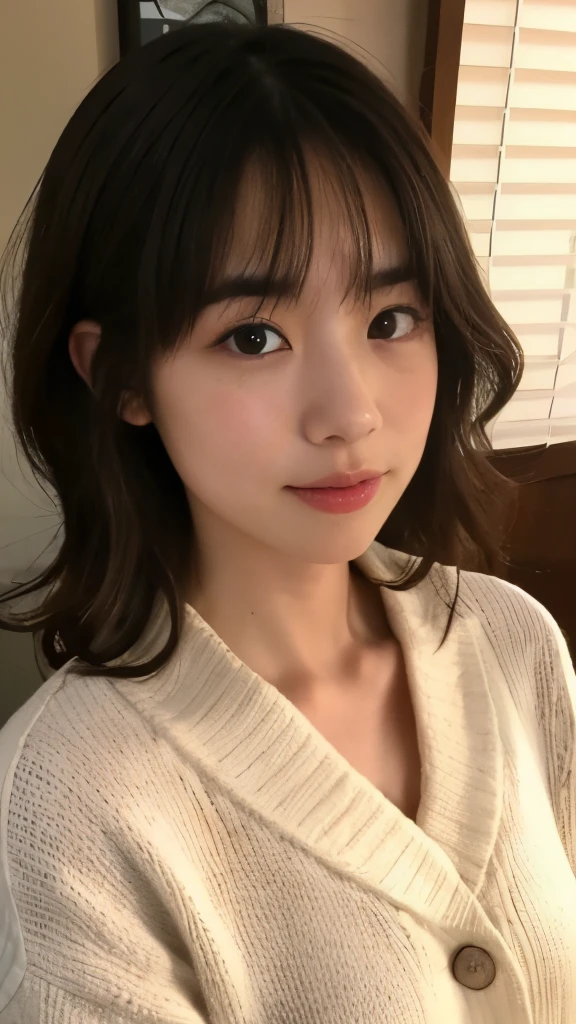 27 years old, woman, Japanese, Composition of the upper body, faceに照明, hairstyle: Wavy waves up to the shoulders, brown hair, face: Heart-shaped with soft features, eyebrow: natural and soft arches, eye: large and round, color is dark brown, nose: small and straight, mouth: 自然な笑faceの豊かな唇, clothing: stylish blouses and sweaters, light accessories, skin: 透明感のある輝くようなskin