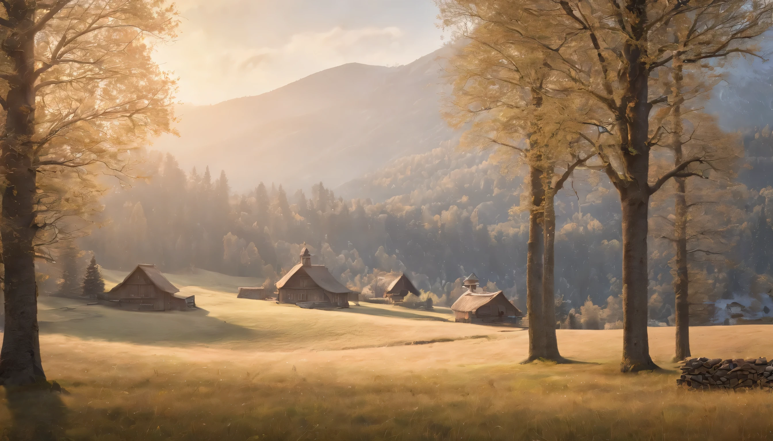 (Highly detailed CG Unity 8K wallpaper、masterpiece、highest quality、Super detailed)、(best lighting、best shadow、very delicate and beautiful)、highest quality、8K、Detailed facial depiction、masterpiece、highest quality、clear image quality、
Be sure to take photos of the way the light shines through the countryside at dusk in winter, coloring the countryside..。