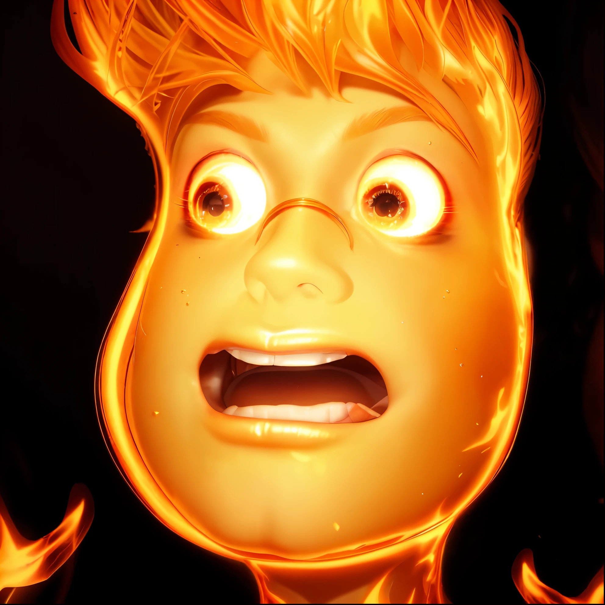 portrait cartoon man with hair made of flames, his skin is orange, his skin is glossy, ultra realistic hyper realistic body skin texture, shiny glossy skin, (glossy metallic texture with multiple big light probe refractions), he shines from outside, glowing, his fase is made of jelly, like ember elemental,  his hair is on fire, flaming hair, portrait shot, under the spotlight, fire hair, hair like fire, orange glowing hair, spotlight, rim light, detailed fabric textures, glossy costume, reflective, best quality, 4k, masterpiece:1.2, ultra-detailed, realistic, vivid colors, dark and moody lighting, The image of the highest quality, ensuring every detail showcased perfectly. It in 4k resolution, allowing viewers to immerse themselves in the richness of the colors and intricate details. The realistic rendering. under the spotlight, reflecting, high-resolution image, realistic rendering, dark background, and rim light