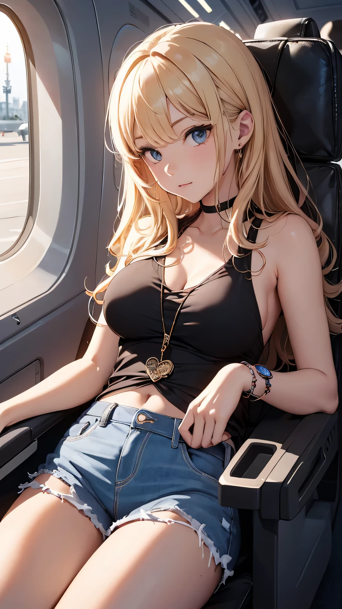 最high quality、best image quality、masterpiece、age girl((18-year-old、 By becoming、vest bust、medium bust,wide open breast tea、black eye, blonde hair、Habitual hair、long hair、thin,highest valley、blue shorts、attractive face、heart tattoo、black aloha shirt、sit on a chair、)),high quality、beautiful art、background(On the plane、first class、red wine))debris flies、Depth of written boundary、movie、visual art、perfect art、8K,genuine