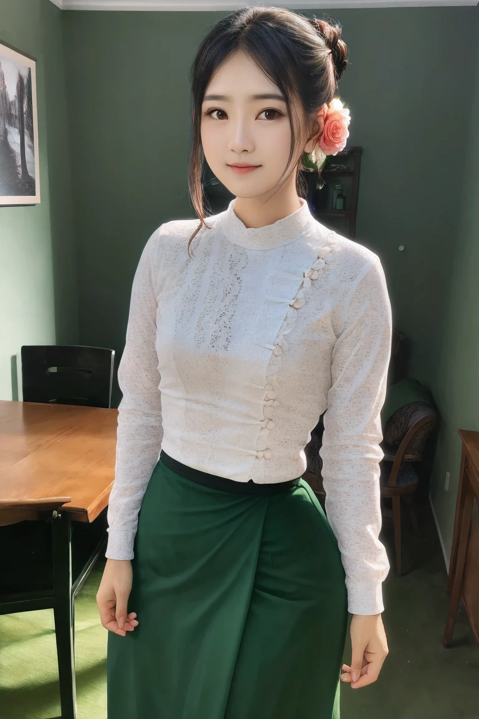 ((masterpiece)), ((best quality)), ((highres)), ((extremely detailed CG unity 8k wallpaper)), solo, 1 girl, hair bun with a jasmine flower, (wearing acmmsayarma outfit, acmmsayarma white top with buttons, long sleeves), ((acmmsayarma green long skirt))
