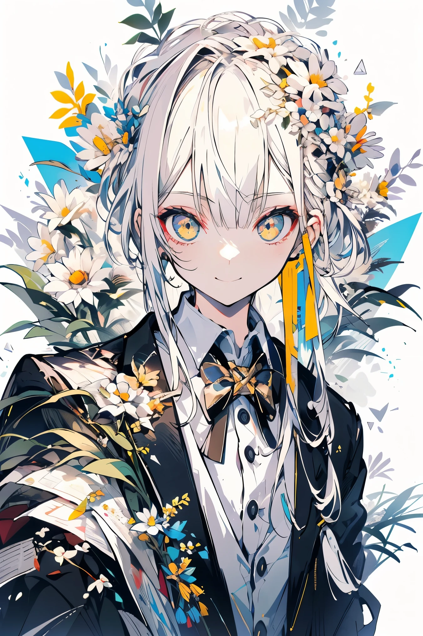 (white background:1.4),(white dirt road, oriental elements)，(nature illustration spring:1.3，paper art:1.3, キルティングpaper art:1.2),( reasonable design, sharp lines, High sharpness,highest quality, very detailed, table top, movie light effects, 4K )、(Uniform Blazer:1.2)、(High School Blazer、Blazer with cute design:1.2)、Wind、With background、yellow hair、blonde hair、eye、length、slight smile、best smile、facing the front、facing the frontいる女の子、Braid、Pigtails、double braids、White flower、Daisy flowers、Margaret flowers、Cute Flowers
