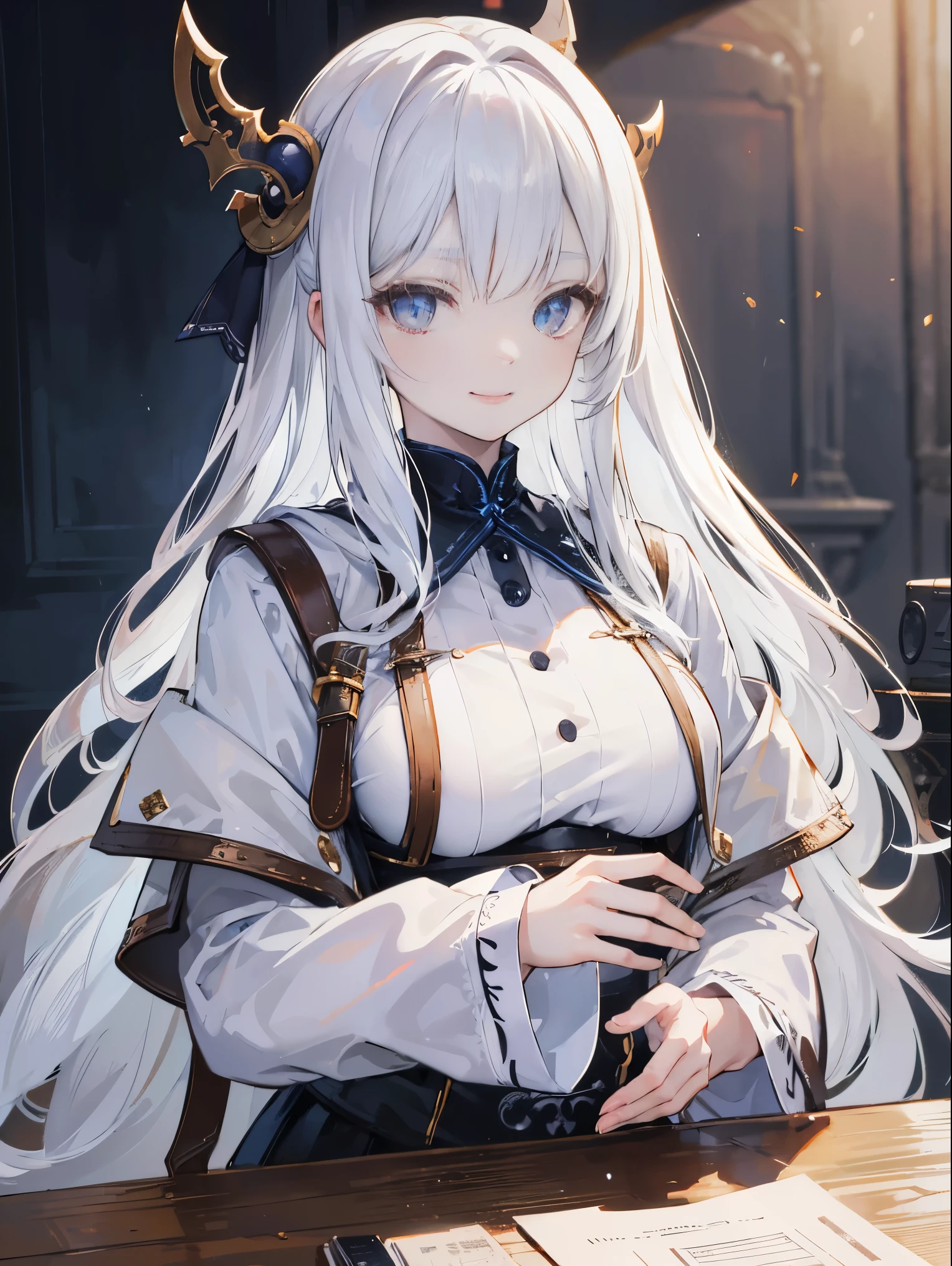 table top, highest quality, (perfect face:1.1), (high detail:1.1), (very detailed目), dramatic,  Ultra-fine illustration, very detailed, 1 girl, (white skin), long white hair, mysterious eyes, (thin eyebrows), ((smile)), alone, long hair, plump lips, Proud Expression, cinematic lighting, looking at the viewer, cowboy shot,outdoor,side rower