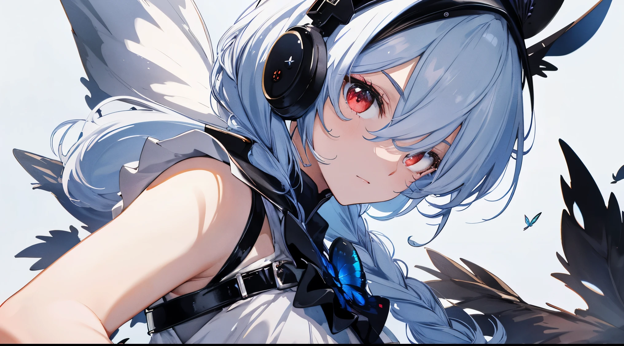((master piece:1.4, best quality))+, (hyper detail)+, (exquisite red eyes:1.5)+, (detailed ears:1.5), (cute girls), (shirt,white long skirt:1.5), tight white silk, short and fine hair, long braids,(black flower:1.2), pale skin, (white dish towel:1.5), (Black Martin Boots:1.4), ancient city,black dead trees around, The whole city was shrouded in thick fog,mechanical weapons, delicate legs, red butterfly,Foam,Huge ruins,Huge black crystals are scattered all over the city.,Flying dust,(hunter:1.1), (dawn light:1.2), ), (Close-up:1.1), the only person, bell, bright blue hair, Hair covering one eye, V-shaped eyebrows, dark (Expressing the), From the back, From above, best quality, High resolution, expensive詳細, expensive、expensive品質, 16k
