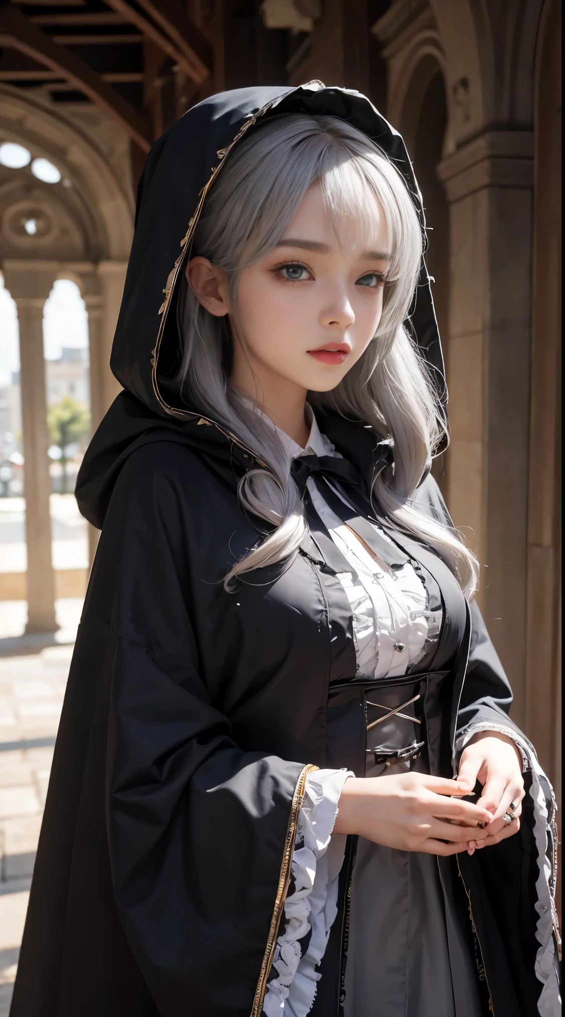 realistic, High resolution, 1 female, alone, hip up,(lolita costume), beautiful eyes, gray hair, ring-shaped eyes, (Yuki,cloak,)