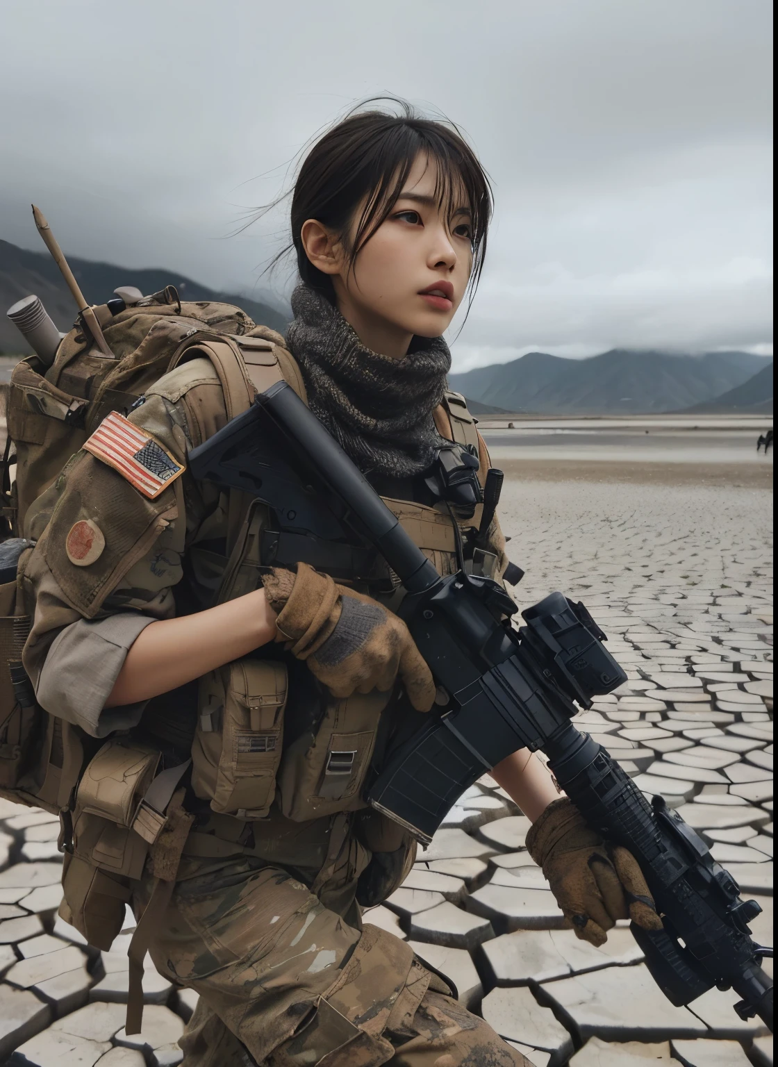 (best quality, photo-realistic:1.37),ultra-detailed,natural light,beautiful Japanese girl with realistic skin texture,dressed in military uniform,running across a dried-up lake,cracked and parched lake bed,old buildings visible in the distance,backpack,assault rifle,body armor,dynamic action pose