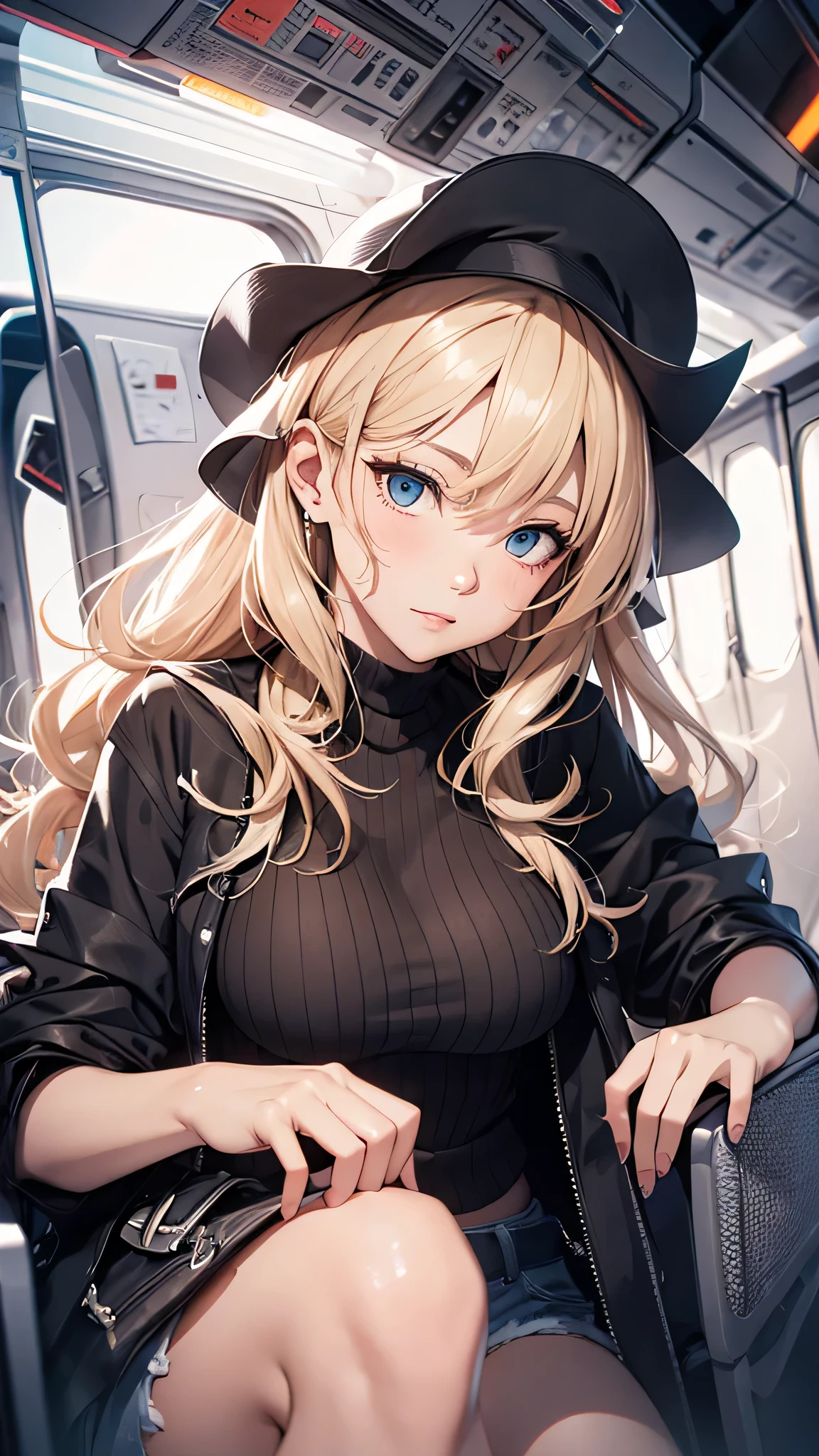 最high quality、best image quality、masterpiece、teenage girl((18-year-old、 By becoming、vest bust、medium bust,wide open breast tea、black eye, blonde hair、Habitual hair、long hair、thin,highest valley、blue shorts、attractive face、heart tattoo、Black Short Sleeve Jacket、sit on a chair、white shirt)),high quality、beautiful art、background(On the plane、first class、red wine))debris flies、Depth of written boundary、movie、visual art、perfect art、8K,genuine