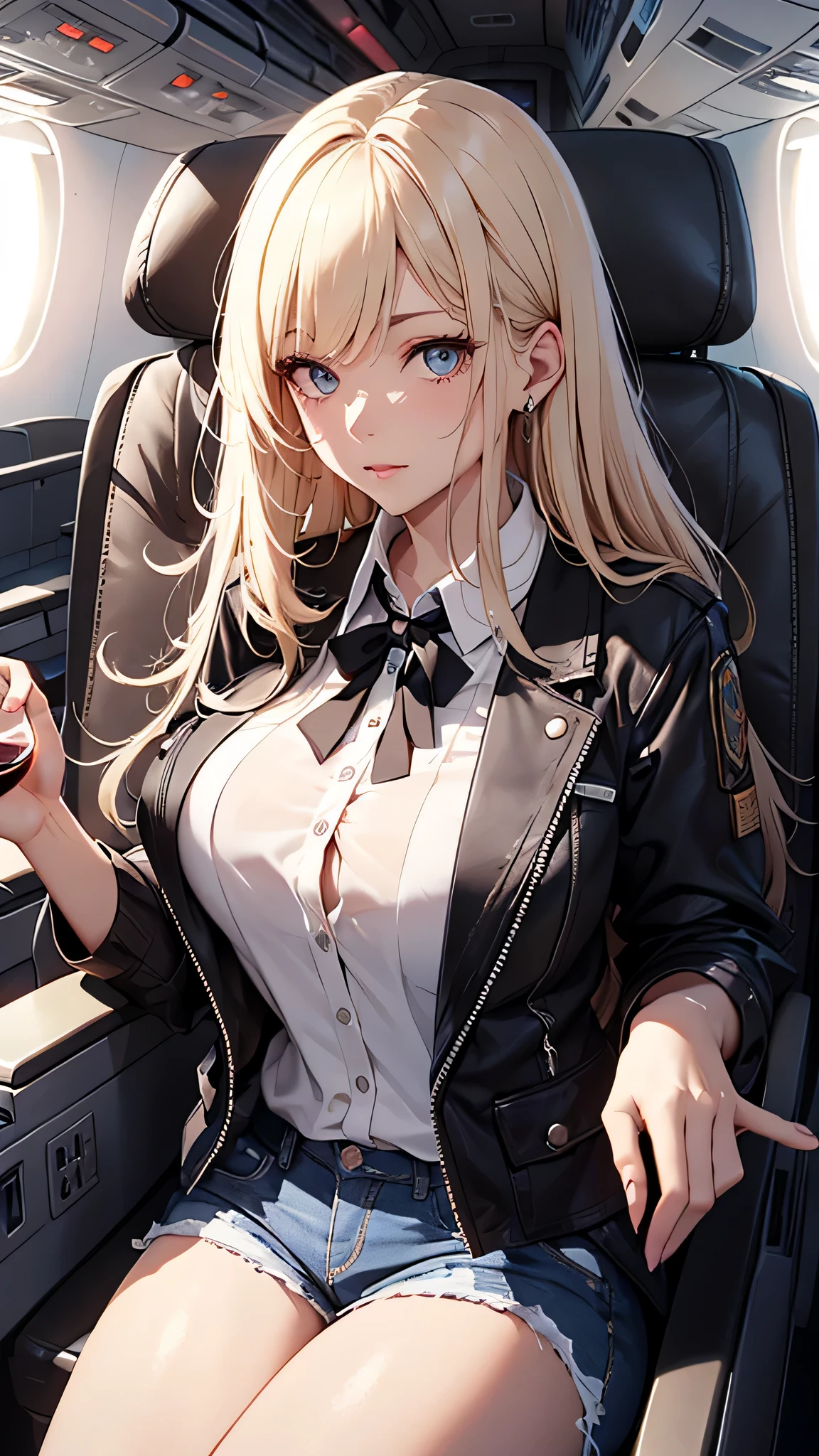 最high quality、best image quality、masterpiece、age girl((18-year-old、 By becoming、vest bust、medium bust,wide open breast tea、black eye, blonde hair、Habitual hair、long hair、thin,highest valley、blue shorts、attractive face、heart tattoo、Black Short Sleeve Jacket、sit on a chair、white shirt)),high quality、beautiful art、background(On the plane、first class、red wine))debris flies、Depth of written boundary、movie、visual art、perfect art、8K,genuine