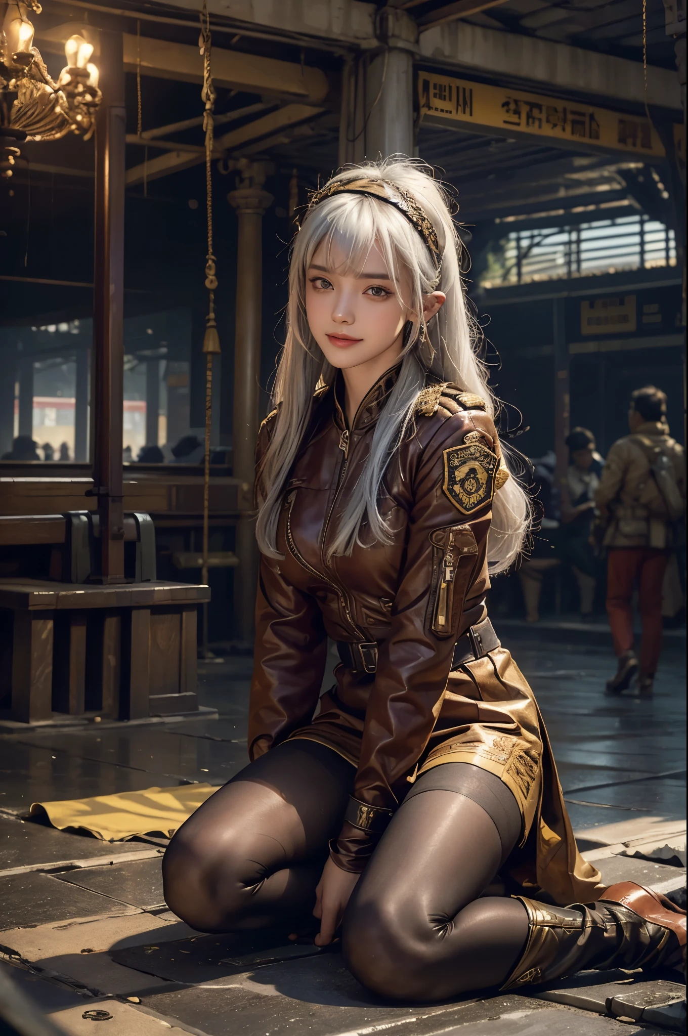 masterpiece，ultra high resolution，8K resolution，depth，depth of field，exquisite facial features，It&#39;s a perfect face，girl，the only person，Smile，with white hair，hair，粉红色的hair，cross，bangs， Head bands, bracelets, bracelets, sleeves, ears, ears, Aviator -like ears, Aviator, Aviator, Aviator, Aviator sunglasses, firefighters jackets, crazy soldiers' armor, knee and boots, pantyhose on the side of lotus leaf, (seven points of body body For the audience, for the audience, dusk, temples, temples, railway stations, fleet collection, cinema lighting