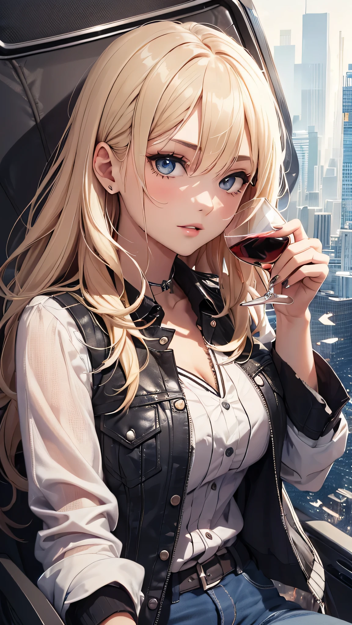 最high quality、best image quality、masterpiece、teenage girl((18-year-old、 By becoming、vest bust、medium bust,wide open breast tea、black eye, blonde hair、Habitual hair、long hair、thin,highest valley、blue shorts、attractive face、heart tattoo、Black Short Sleeve Jacket、sit on a chair、white shirt)),high quality、beautiful art、background(On the plane、first class、red wine))debris flies、Depth of written boundary、movie、visual art、perfect art、8K,genuine