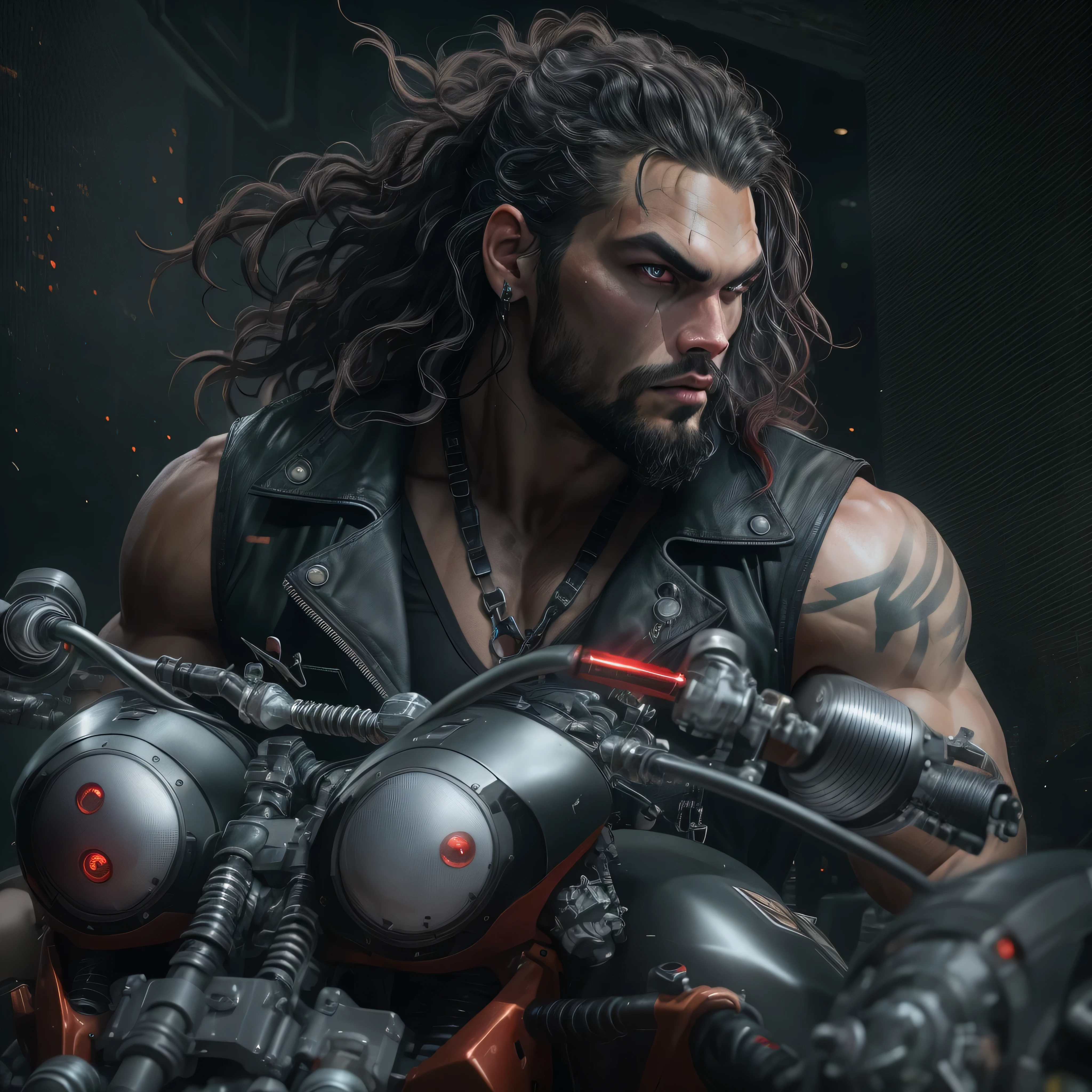 Full body image, a photo of Jason Momoa as Lobo from DC comics, muscular, ((((ghostly pale skin)))), (((red eyes))), sleeveless black biker vest, riding space sci-fi cyberpunk motorcycle, Intricate, High Detail, Sharp focus, dramatic, photorealistic digital art, photo-realistic, octane render, unreal engine, ultra-realistic